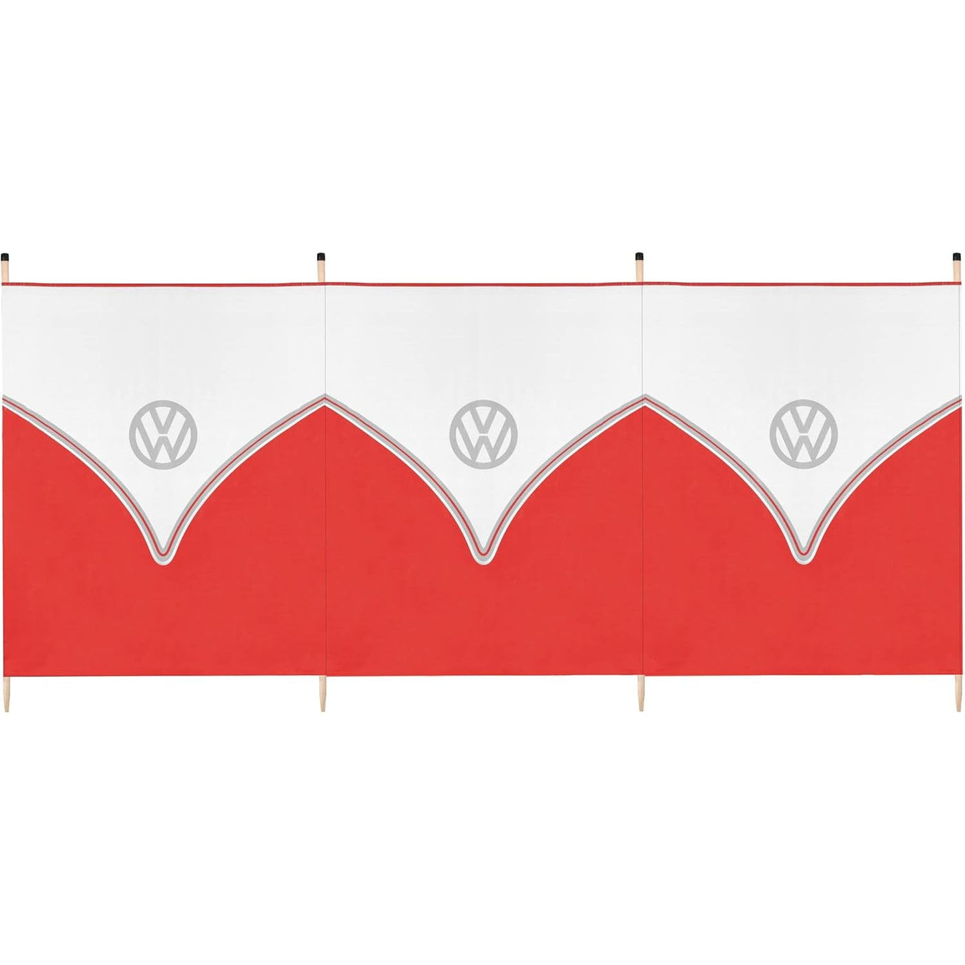 A red and white folding screen or partition panel with four panels, featuring a repeating Volkswagen logo pattern on the white upper section.