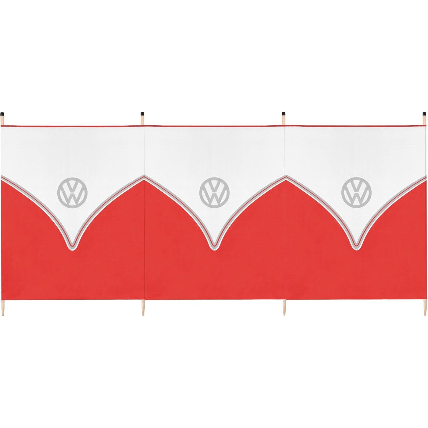 A red and white folding screen or partition panel with four panels, featuring a repeating Volkswagen logo pattern on the white upper section.