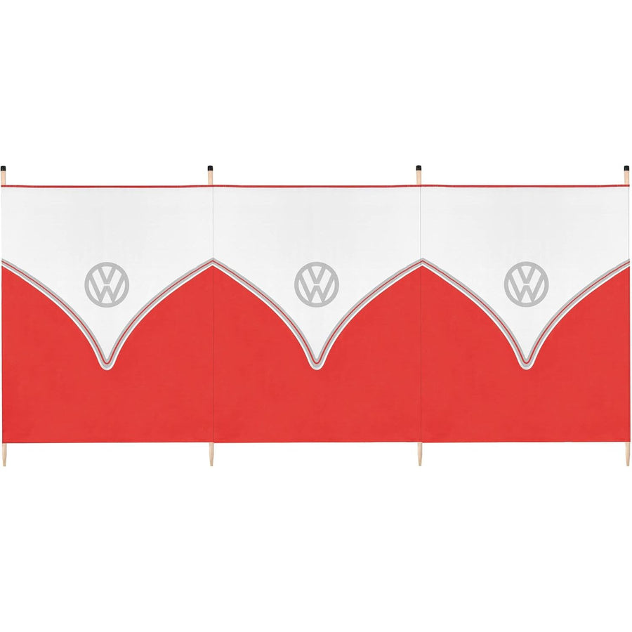 A red and white folding screen or partition panel with four panels, featuring a repeating Volkswagen logo pattern on the white upper section.
