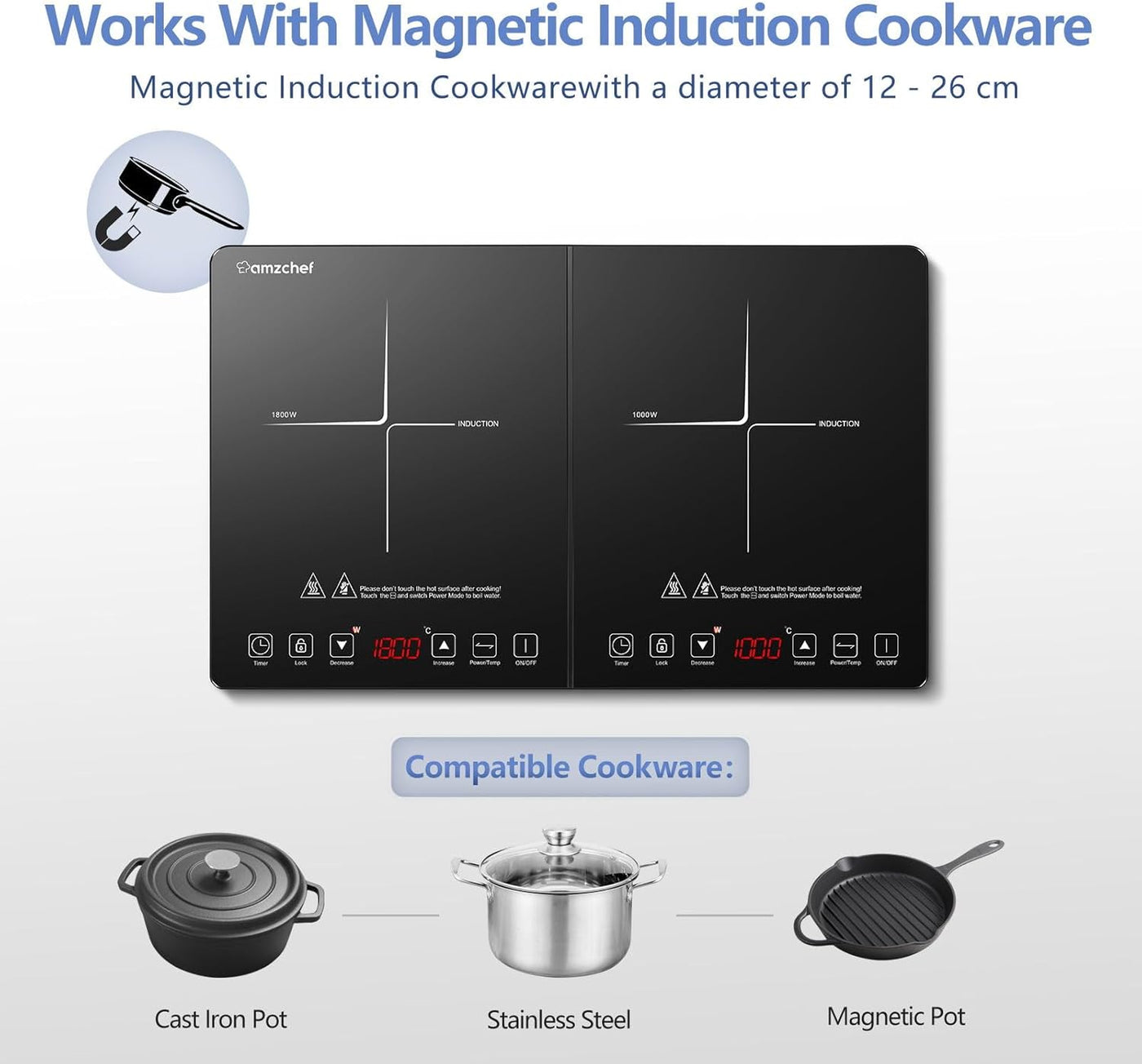 AMZCHEF Double Induction Hob Portable Cooker, 2800W 10 Temps, Timer, Safety Lock