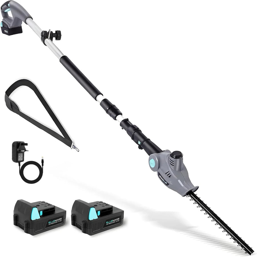 Gardening tool set with pole pruner, battery packs, and charger on a white background