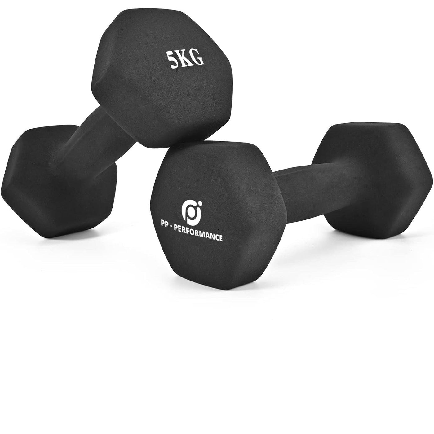 Three pairs of hex dumbbells in different weights (1KG, 2KG, 3KG, 4KG, 5KG) shown on a white background, with the 5KG pair featured prominently in the center. The main dumbbells are black with white printed text, and the smaller dumbbells in the bottom row are in pink, green, orange, and purple.