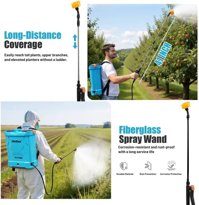 Knapsack Sprayer 16L Electric 120 PSI 4000mAh Battery Dual Wands SideKing Garden