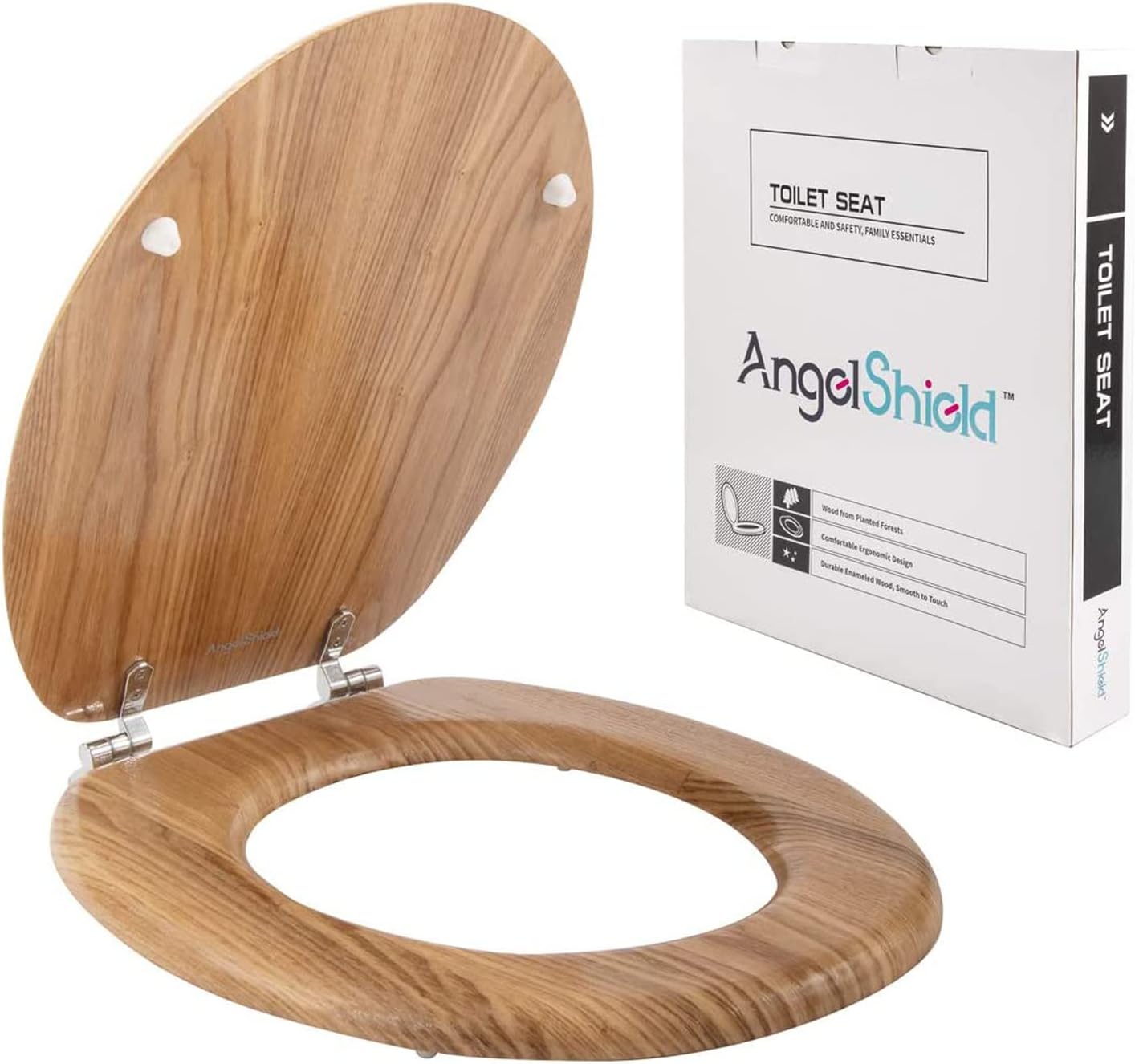 Angel Shield Antibacterial Wooden Toilet Seat with Adjustable Hinges, 45x37cm