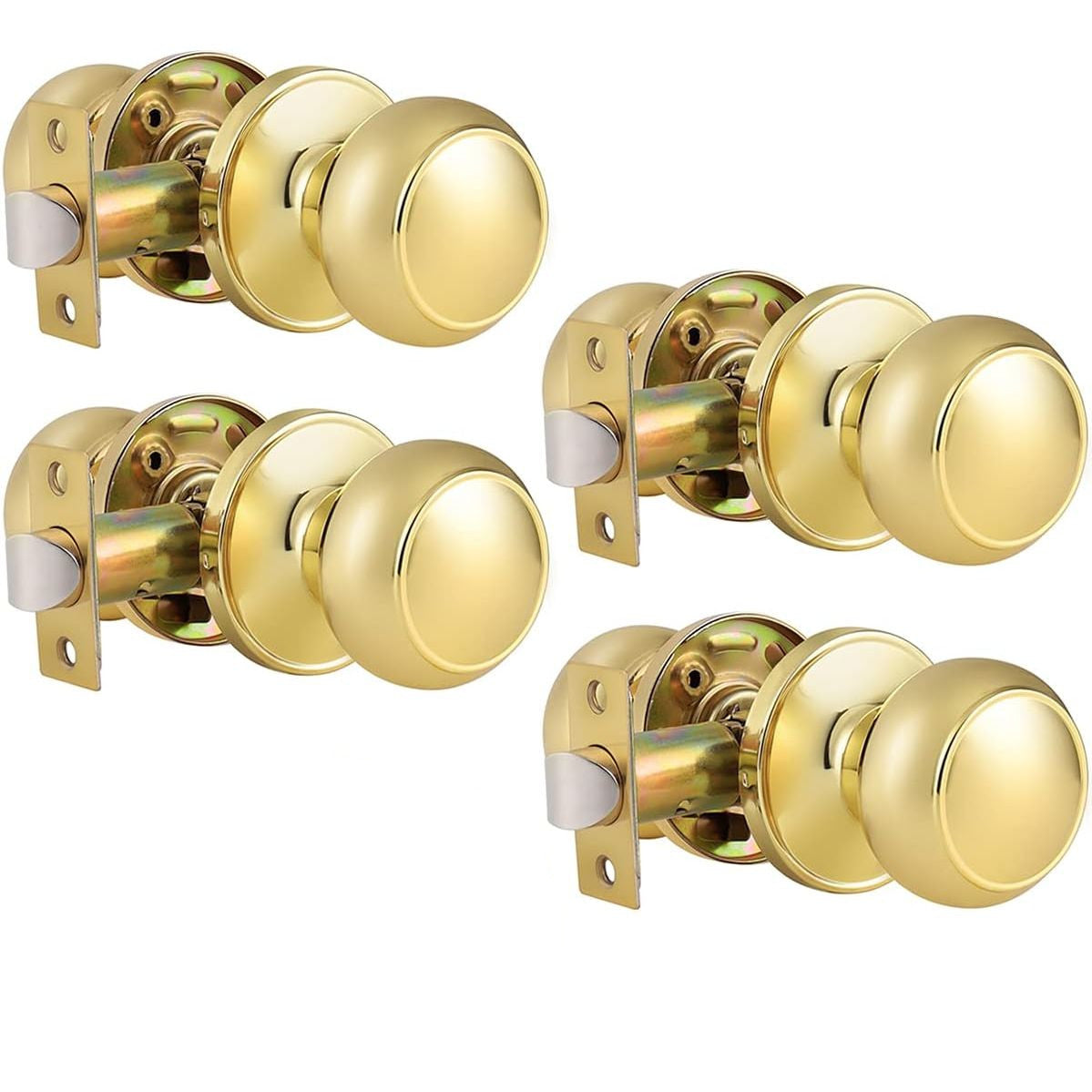 Four gold-colored doorknob sets with matching backplates and latch hardware, arranged on a plain white background.