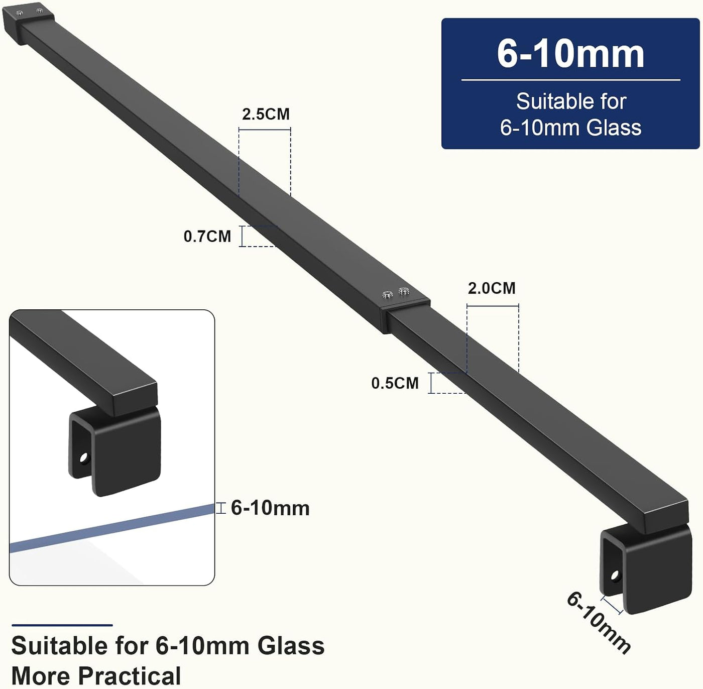Shower Screen Support Bar 700-1200mm Telescopic Matte Black Square SVNR Stainless