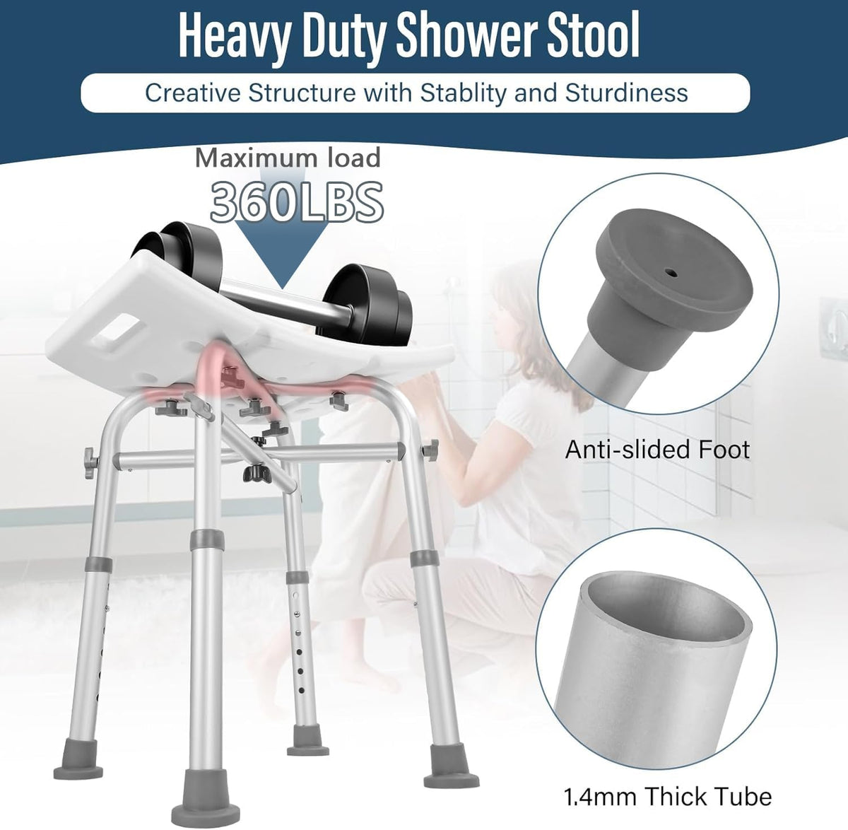 Shower Chair Adjustable Height Bath Stool Suction Grab Rail Bathroom Safety Seat