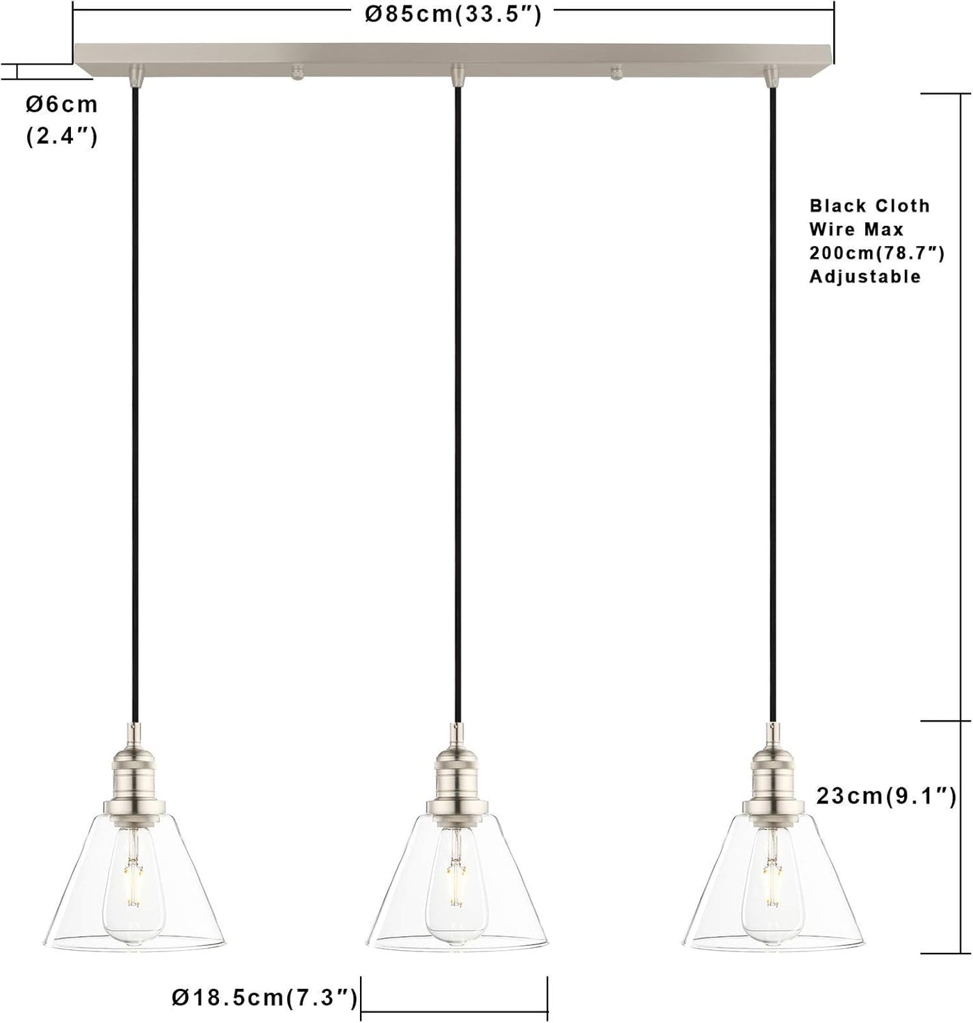 Phansthy Industrial Pendant Light, 3-Light Ceiling Lamp, Adjustable Cords, Glass