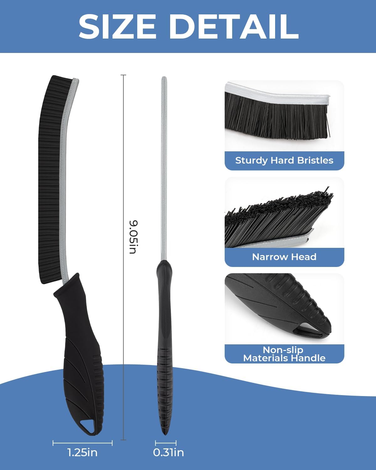 Cleaning brush with size details and features on a white background