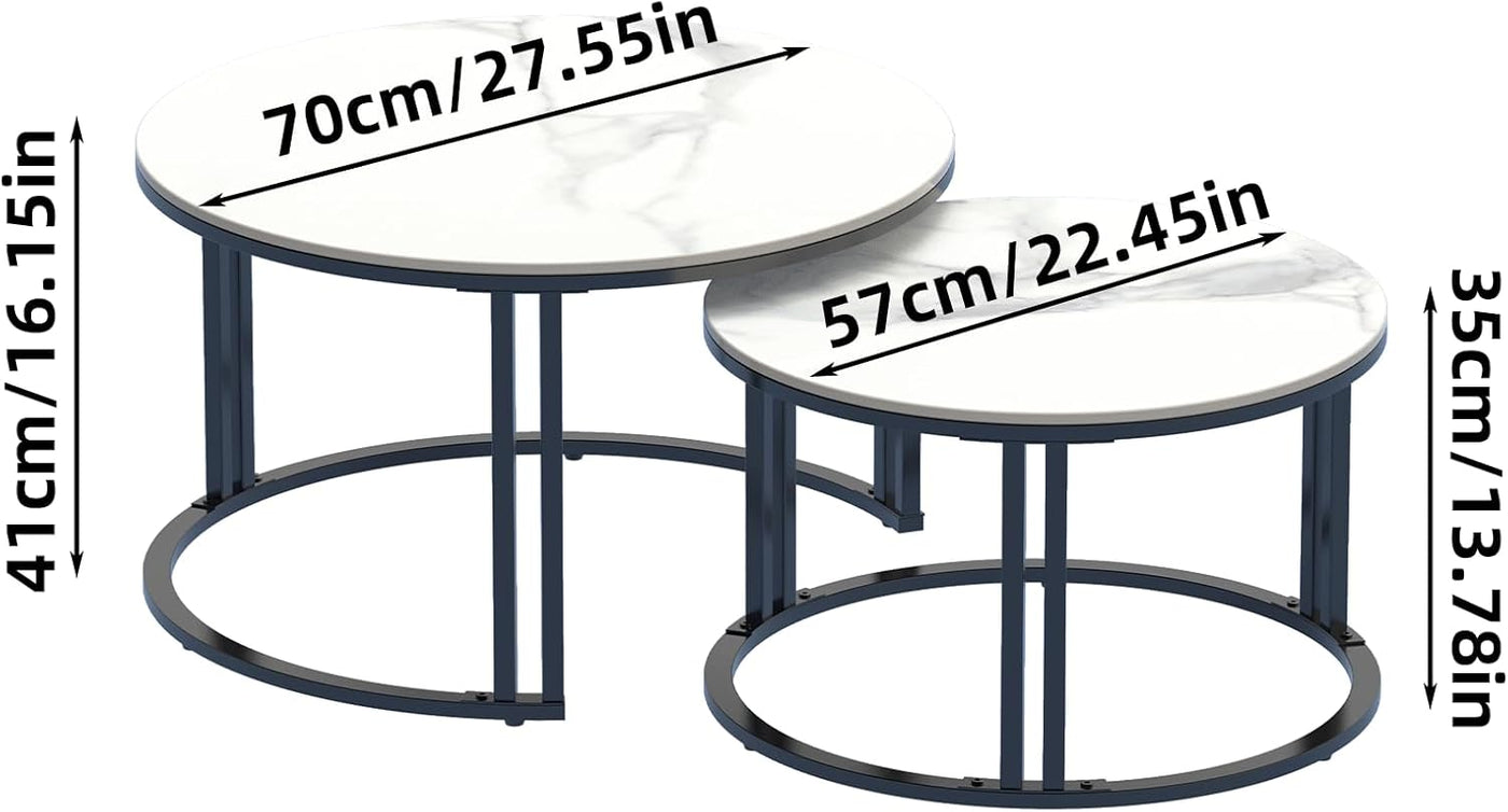 FATIVO Nesting Coffee Table Set of 2, White Marble Gloss Round Tables, 70/57cm