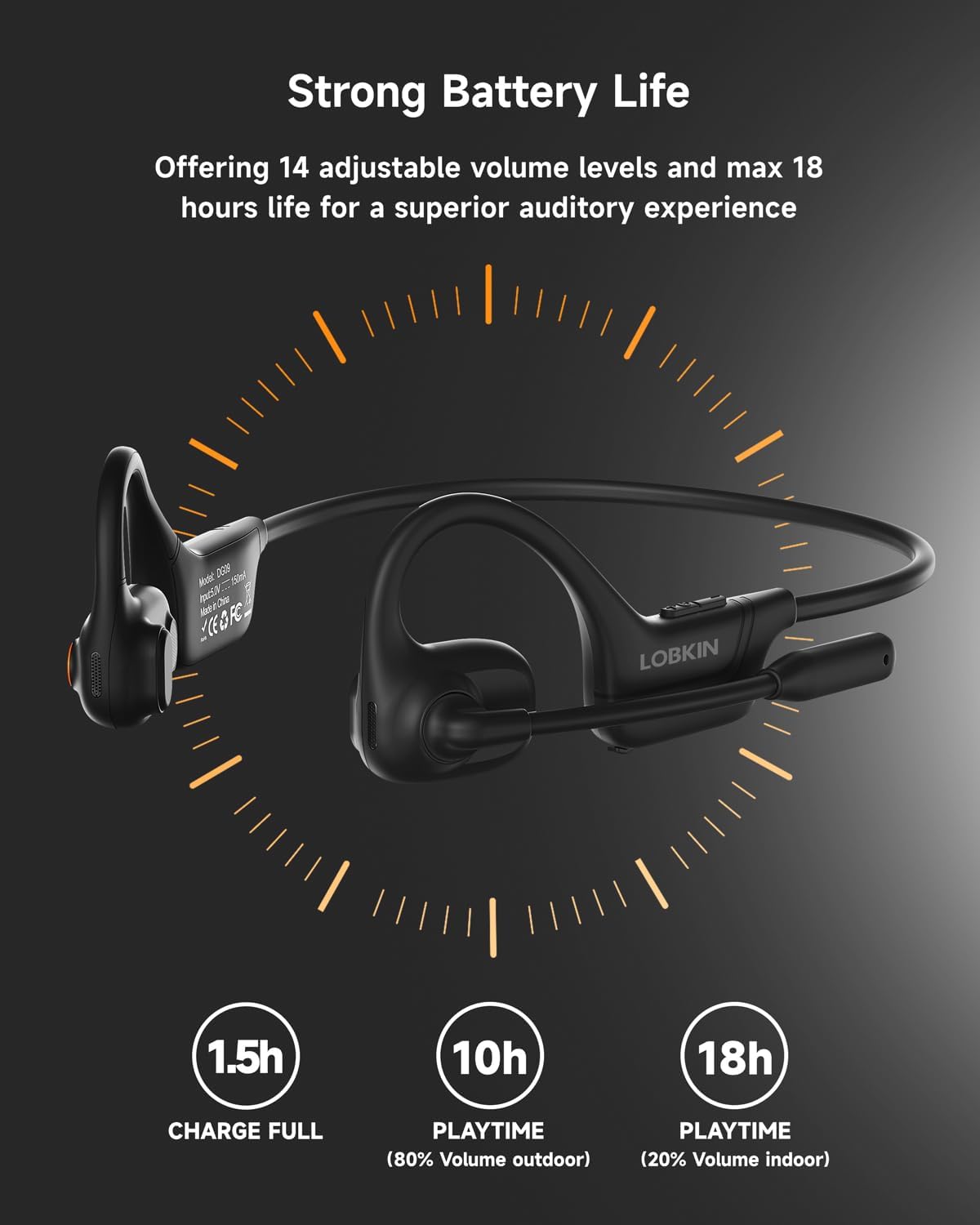 LOBKIN Bluetooth headset with battery life and volume level information on a dark background