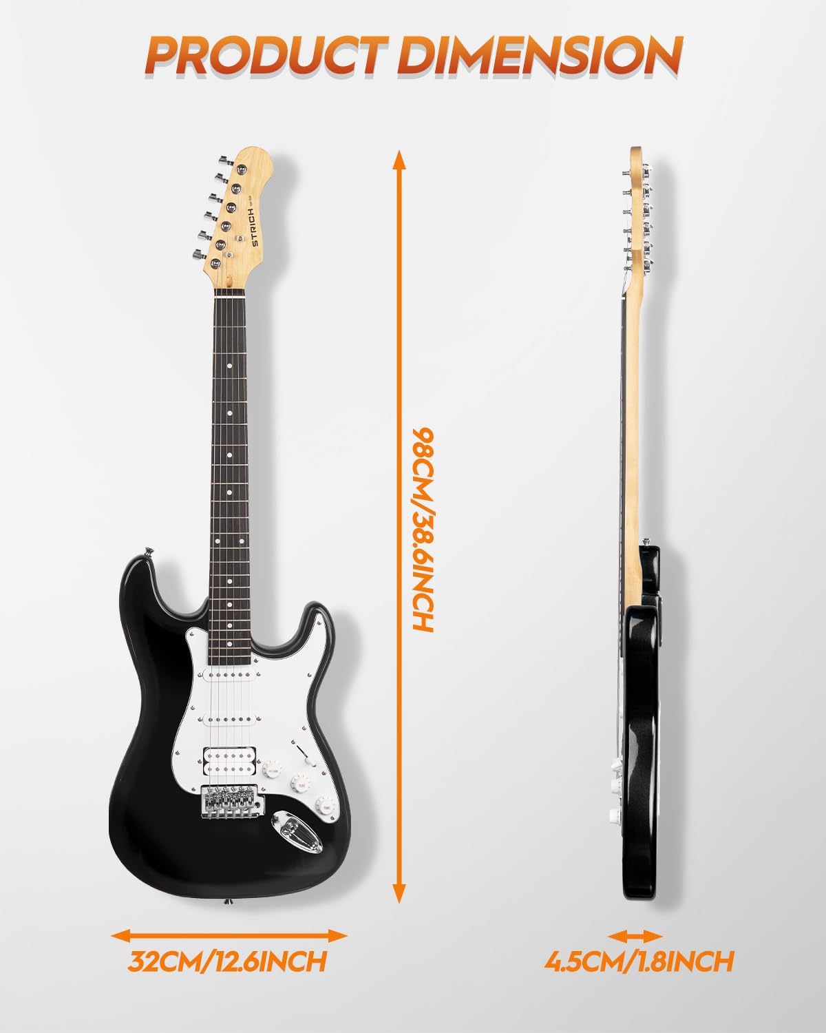 Black electric guitar with measurements on a white background
