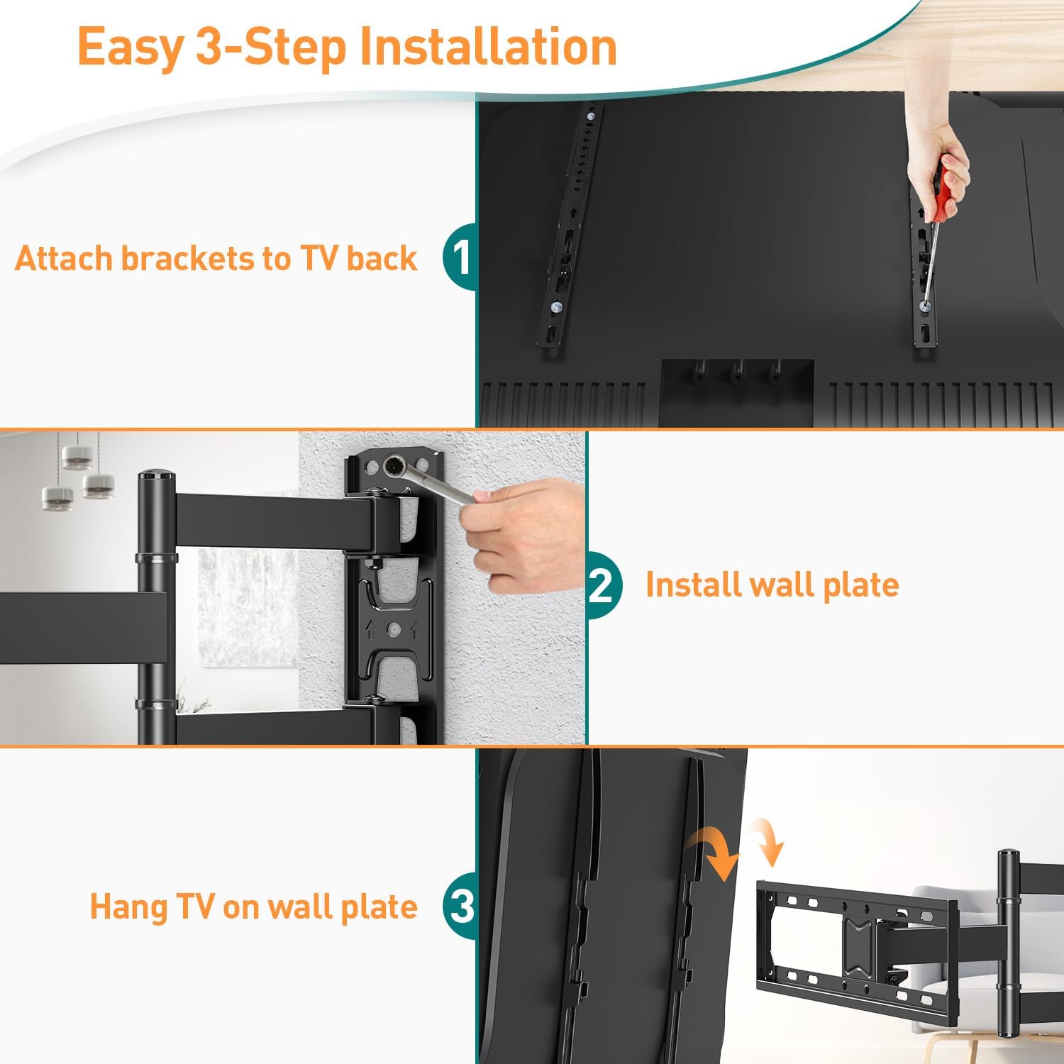 Step-by-step installation guide for a TV mount with text and images.