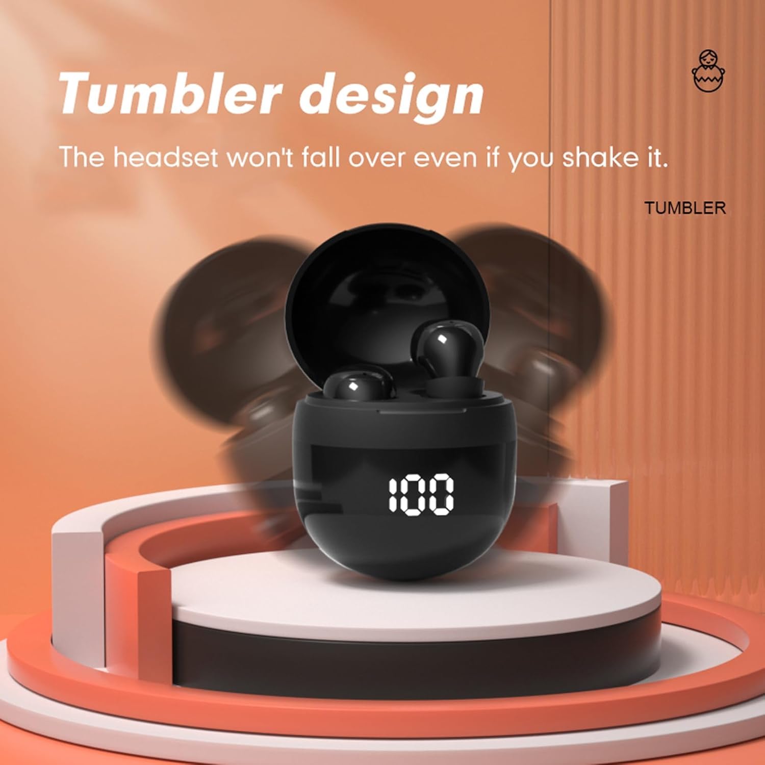 Black wireless earbuds in a tumbler design on an orange background with text about stability.