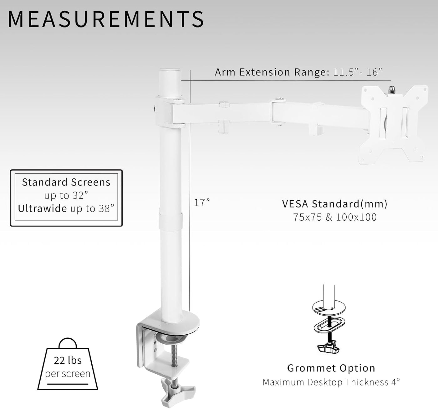 Single Monitor Arm 32 Inch 38 Ultrawide Adjustable VESA White VIVO