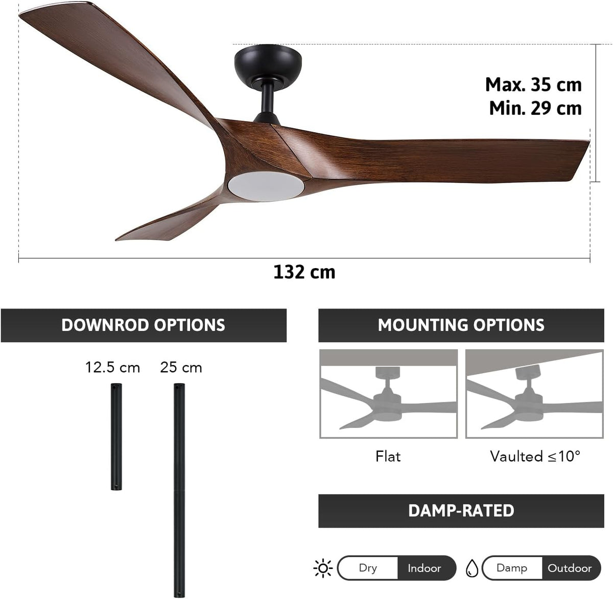 Ceiling Fan with Light 52 Inch Remote Dimmable Reversible DC Motor VONLUCE Walnut