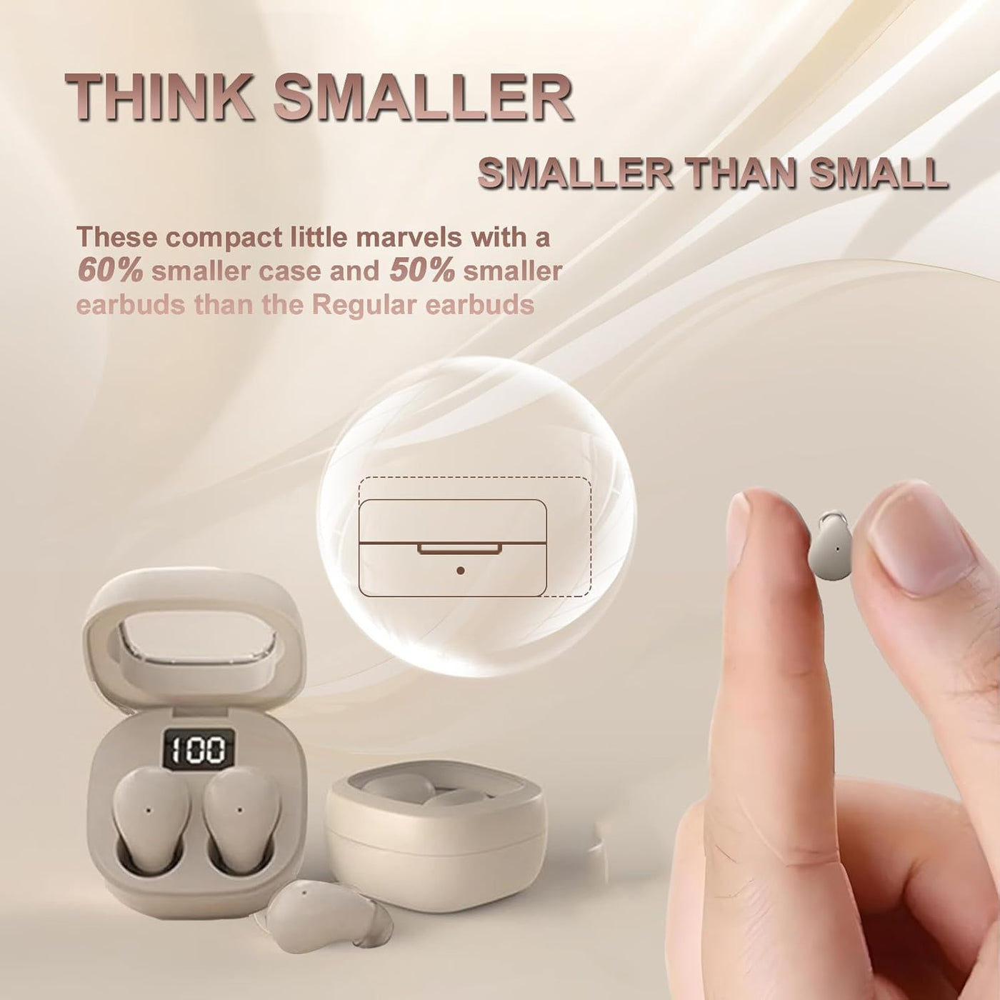 Small wireless earbuds with charging case on a light background