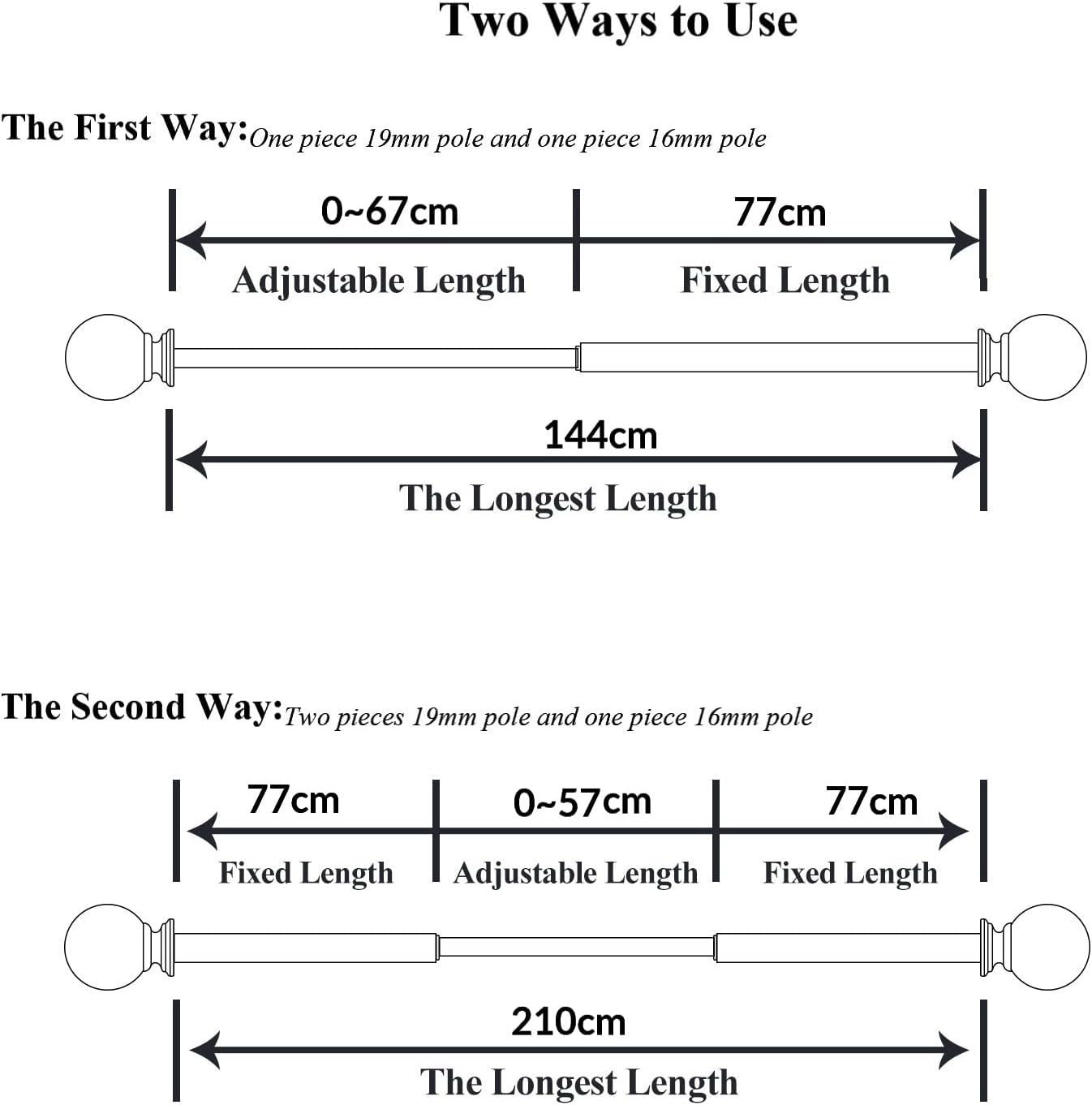 Diagram showing two methods of using adjustable curtain rods with measurements.