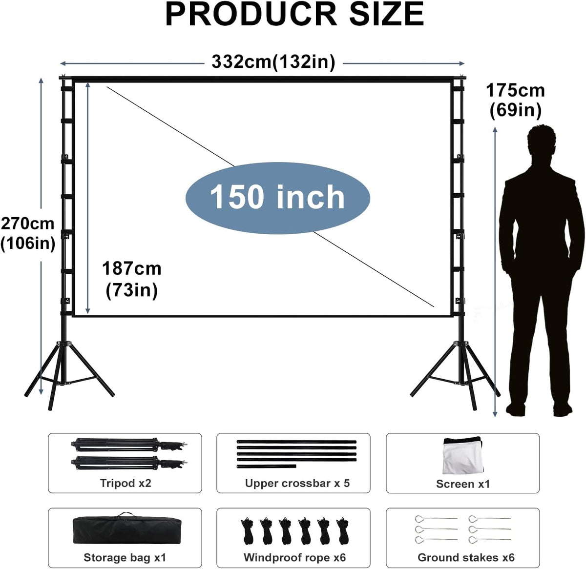 Projector Screen 150 Inch 4K HD Outdoor Stand Foldable Front Rear Movie Projection
