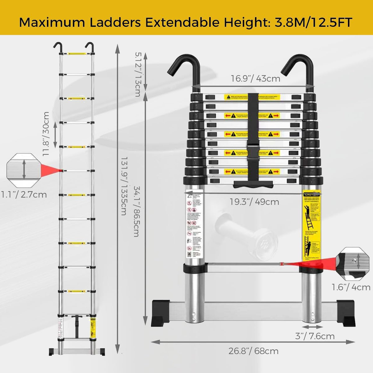 Telescopic Ladder 3.8m Aluminium Extension Stabiliser Bar Hooks EN131 Portable