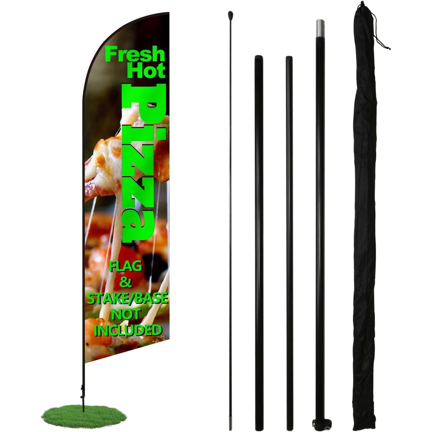 A feather flag set shown on a white background, including the assembled printed flag with a pizza graphic and text, three black poles, a black carrying bag, and a small green base.