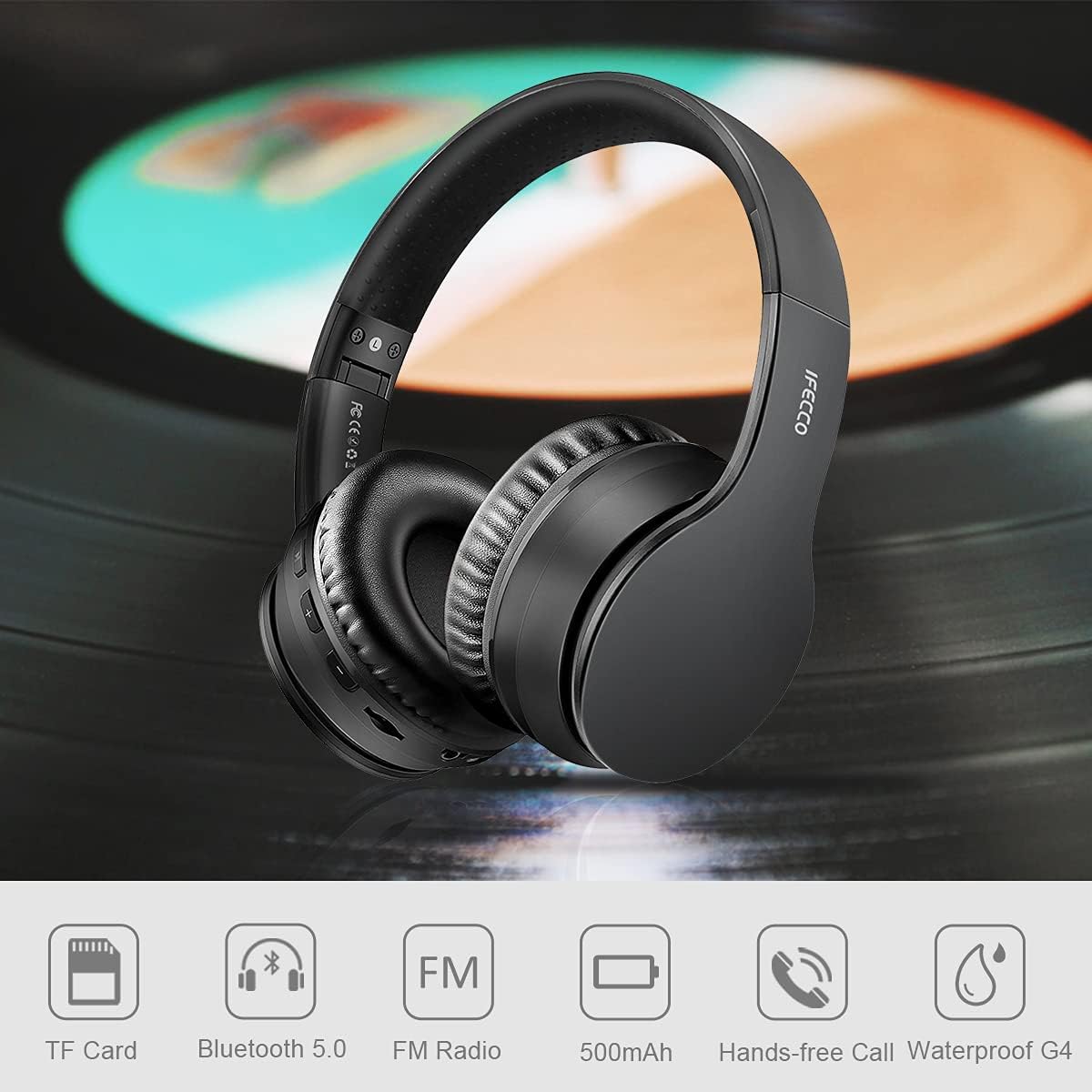 Black headphones on a vinyl record with IPECO branding
