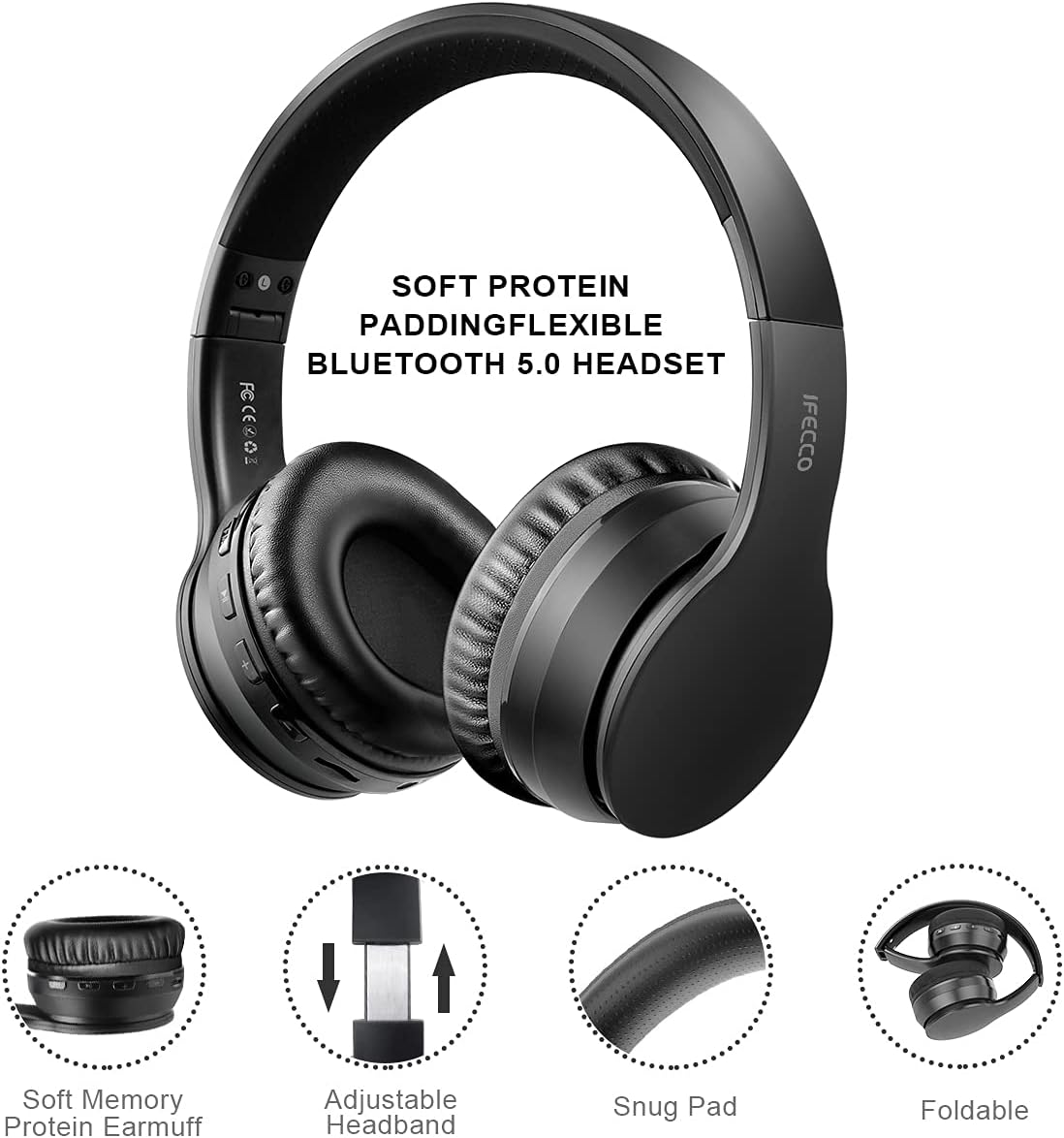 Black Bluetooth headset with features listed on a white background