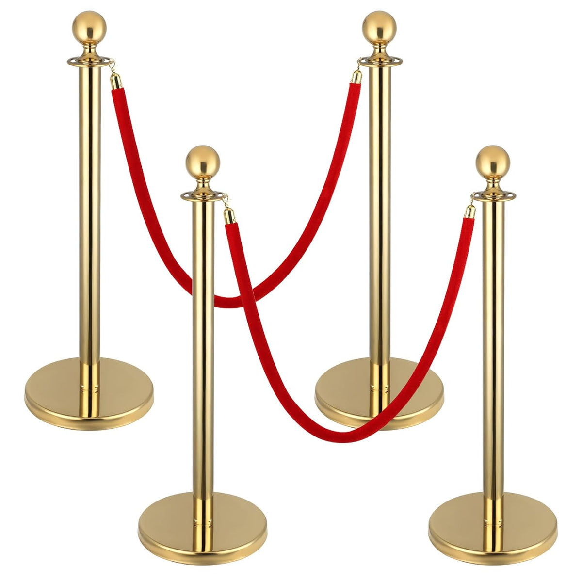 Queue Barrier Posts 4 Pack Gold Stanchions 3 Red Velvet Ropes Crowd Control