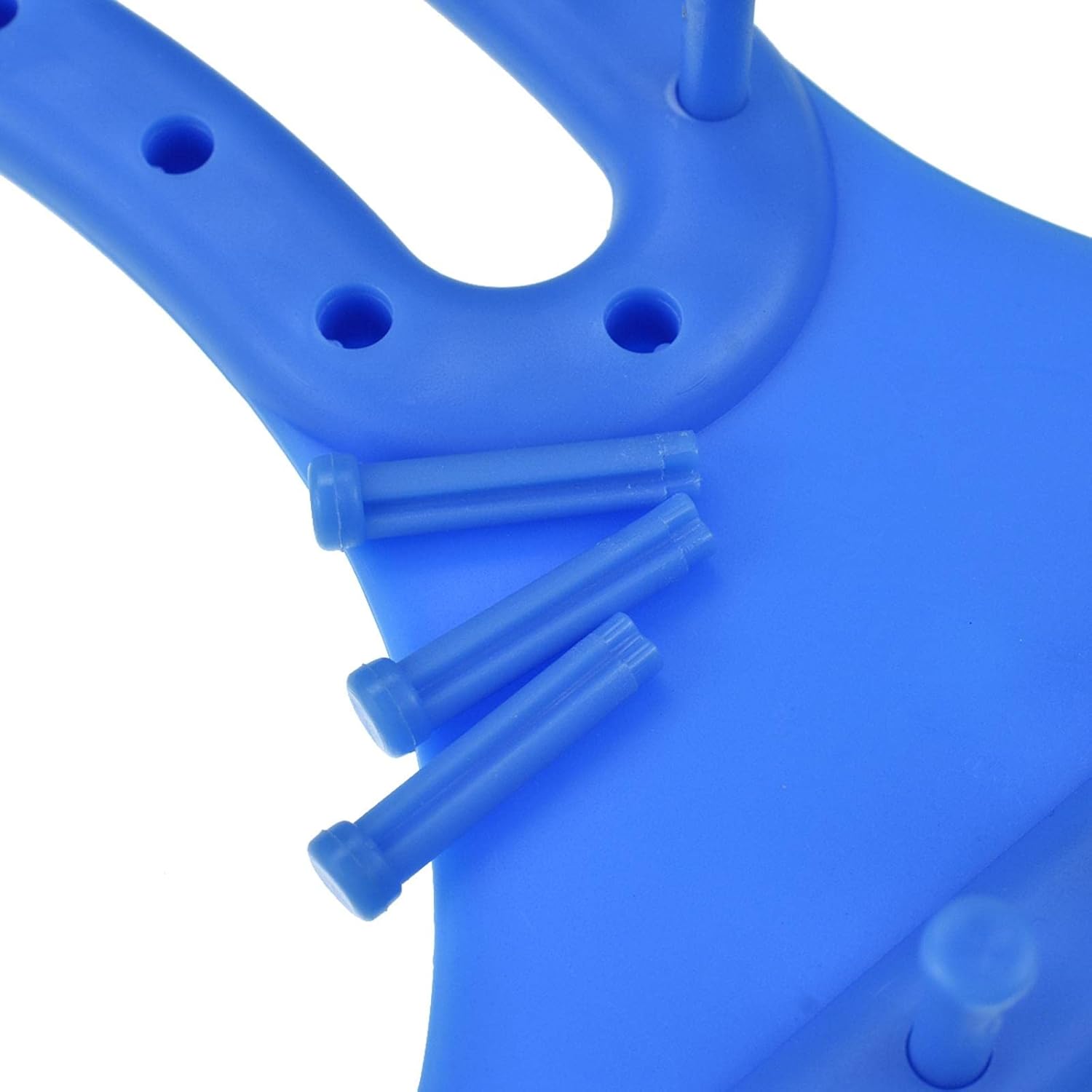 Blue plastic component with cylindrical holes on a white background