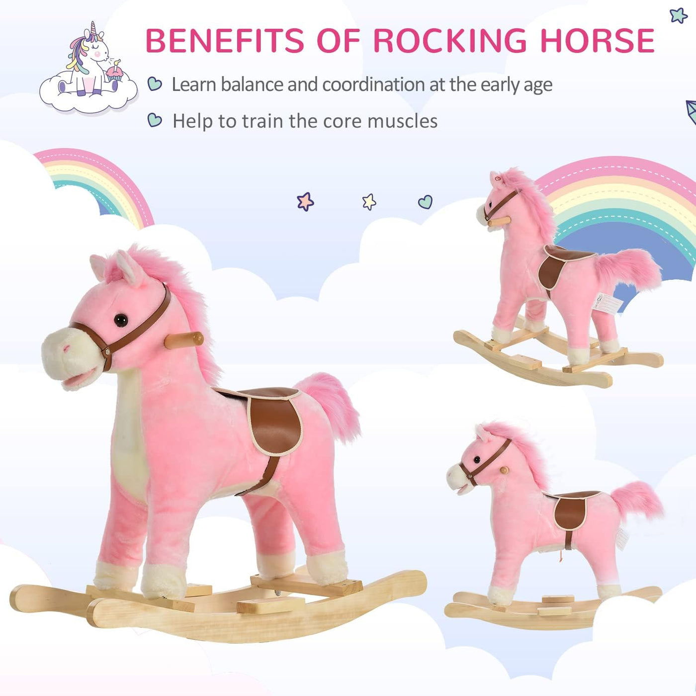 Kids Rocking Horse Plush Ride On Toy Sound Moving Mouth 3-6 years HOMCOM
