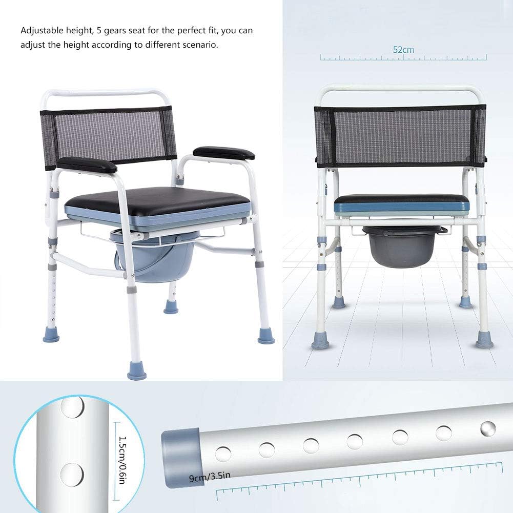 Height Adjustable Folding Commode Chair with Armrests, Portable Bedside Toilet