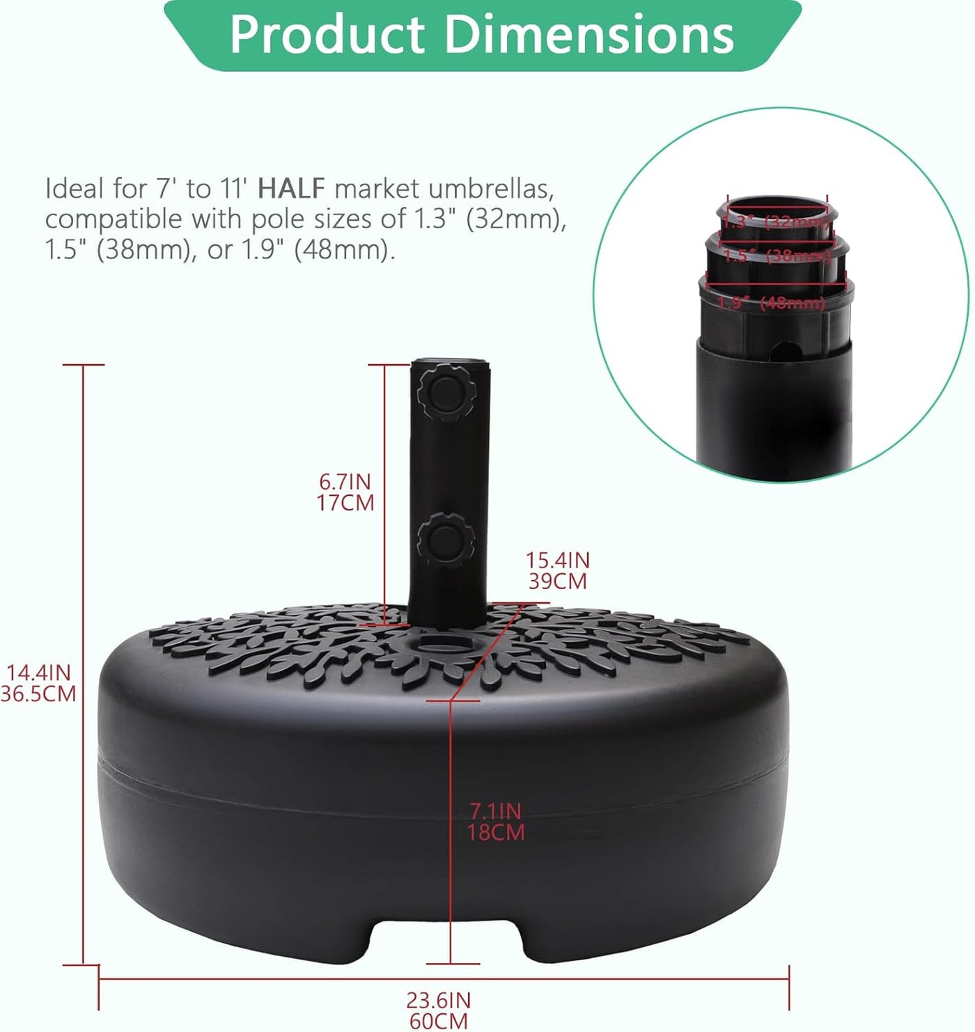 Half Round Parasol Base 57kg Heavy Duty Water Sand Fillable Black Helios&Hestia