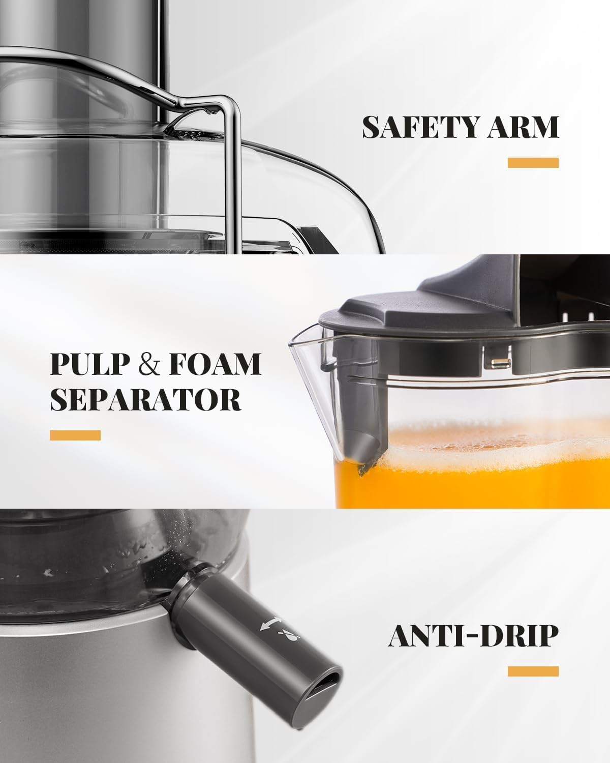 Juicer with labeled safety arm, pulp & foam separator, and anti-drip features on a white background.