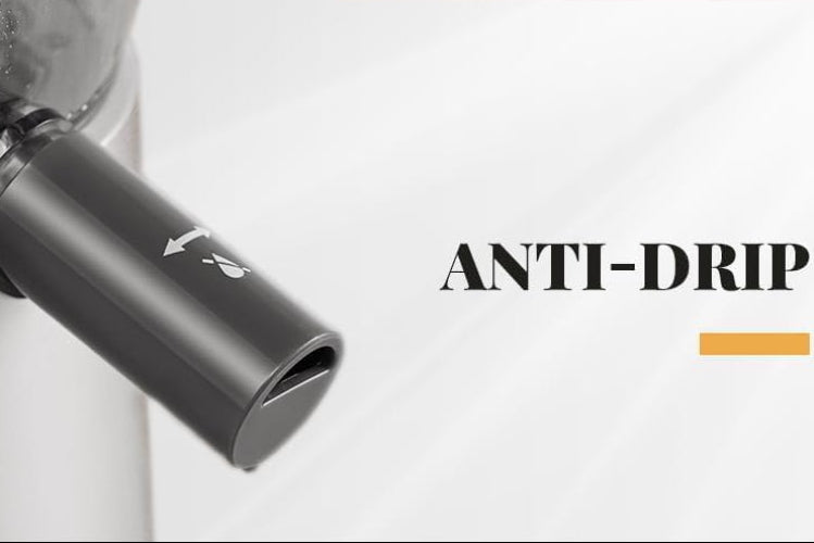 Juicer with labeled safety arm, pulp & foam separator, and anti-drip features on a white background.