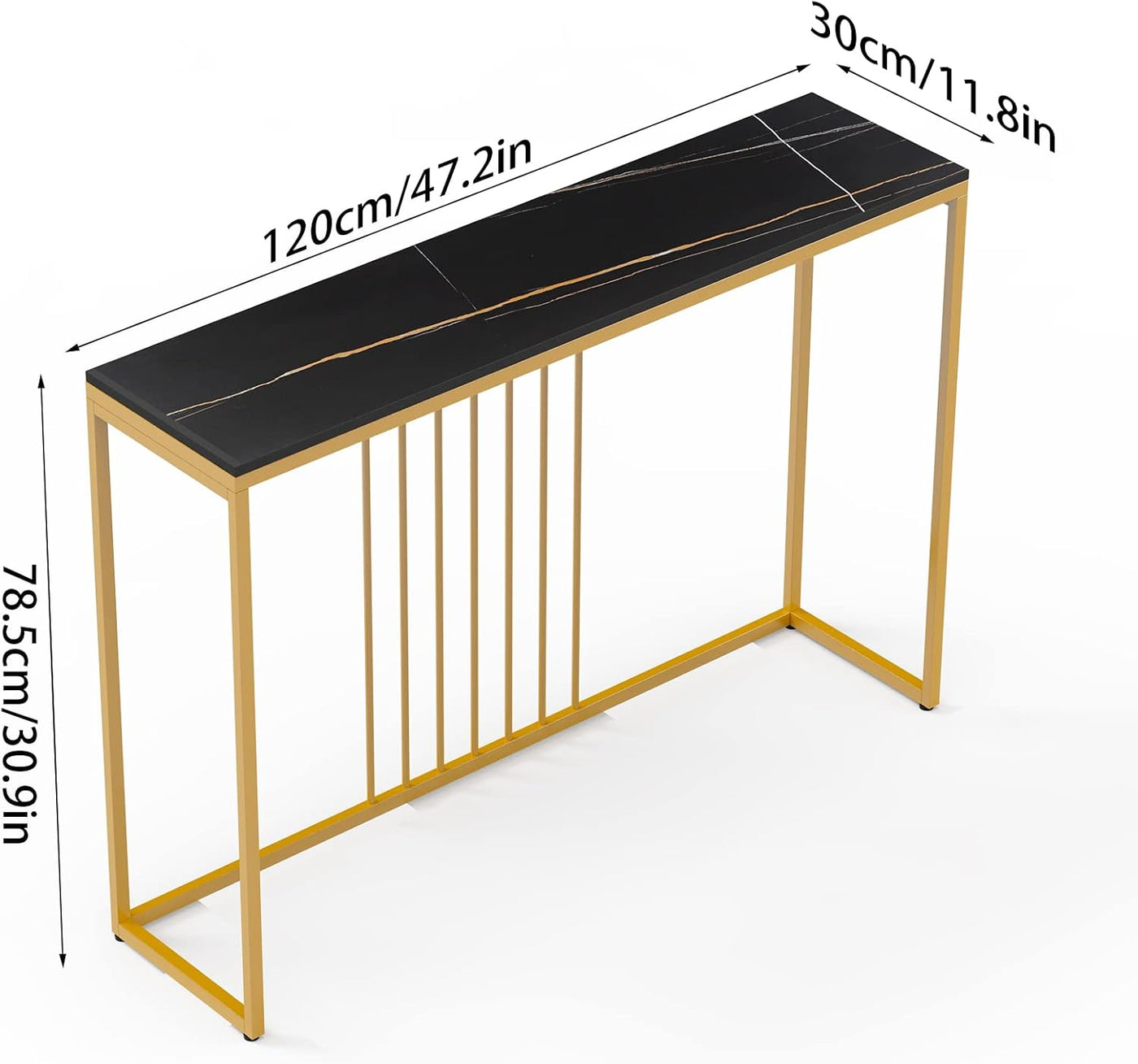 Slim Console Table 120cm, Black Marble Top with Gold Frame for Hallway, Entryway