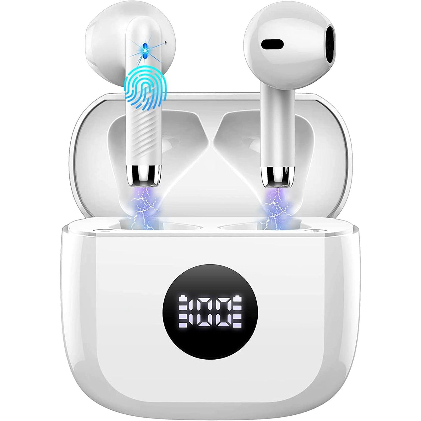 Wireless earbuds with charging case on a white background