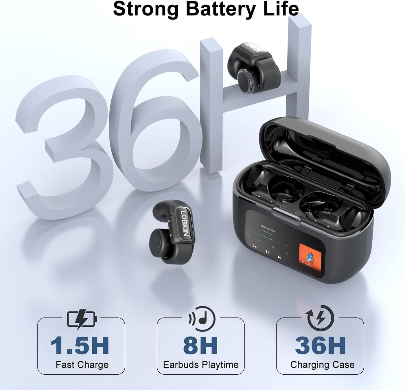 Black wireless earbuds with charging case on a light gray background, featuring battery life indicators.