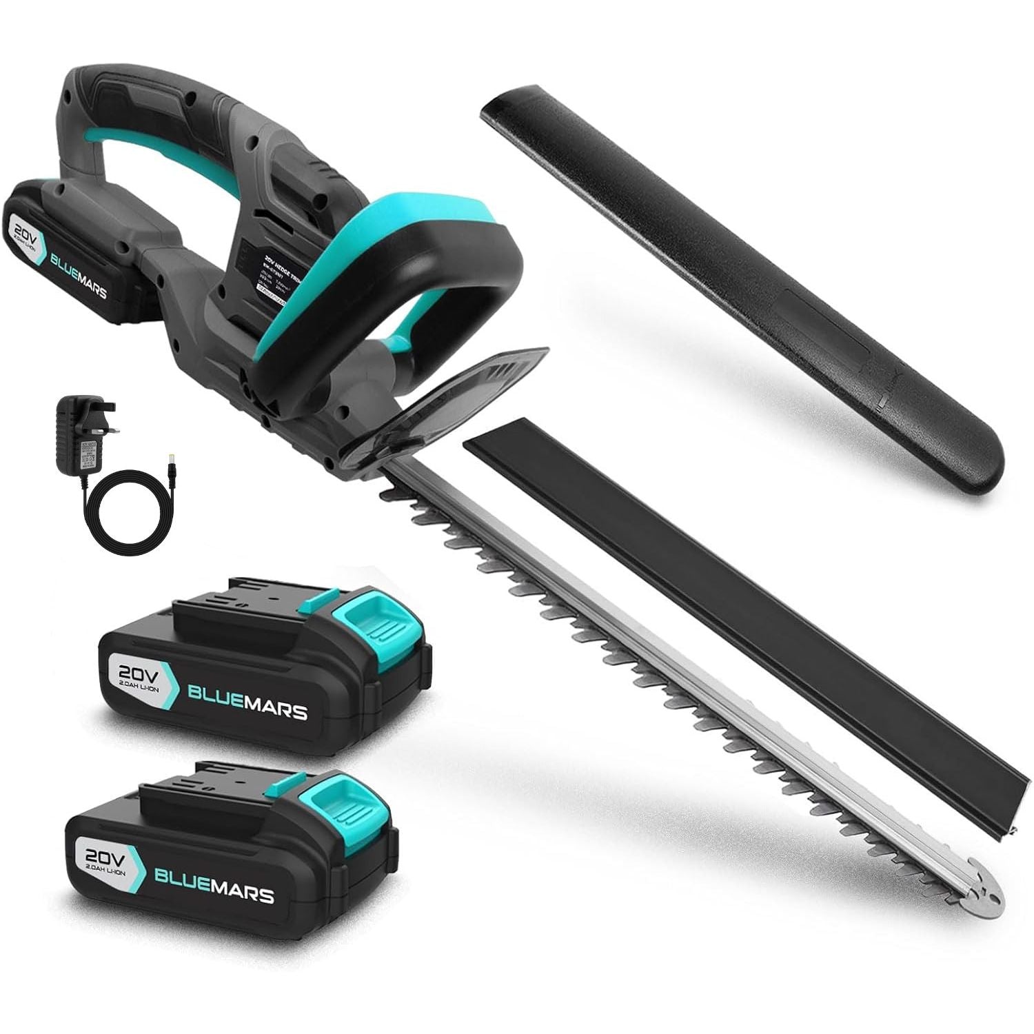 BlueMars cordless hedge trimmer set with two batteries and charger on a white background