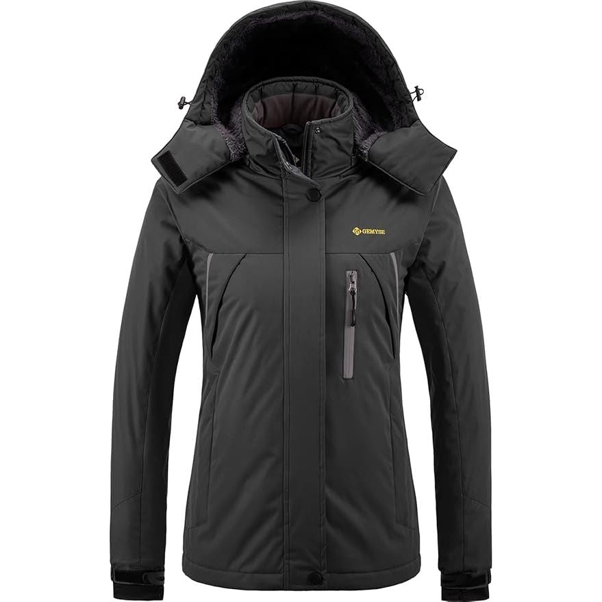 Black winter jacket with a hood on a white background
