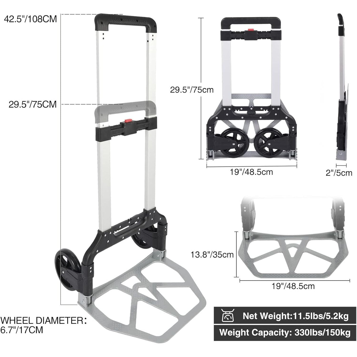 REDCAMP Heavy Duty Folding Hand Truck, 150KG Capacity, Telescoping Handle