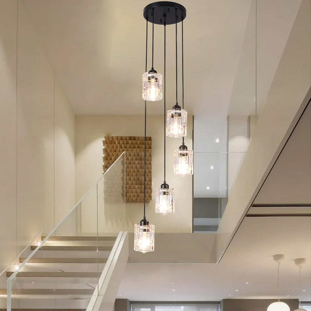Crystal Pendant Chandelier 5 Light Long Drop Black High Ceiling Staircase Lighting