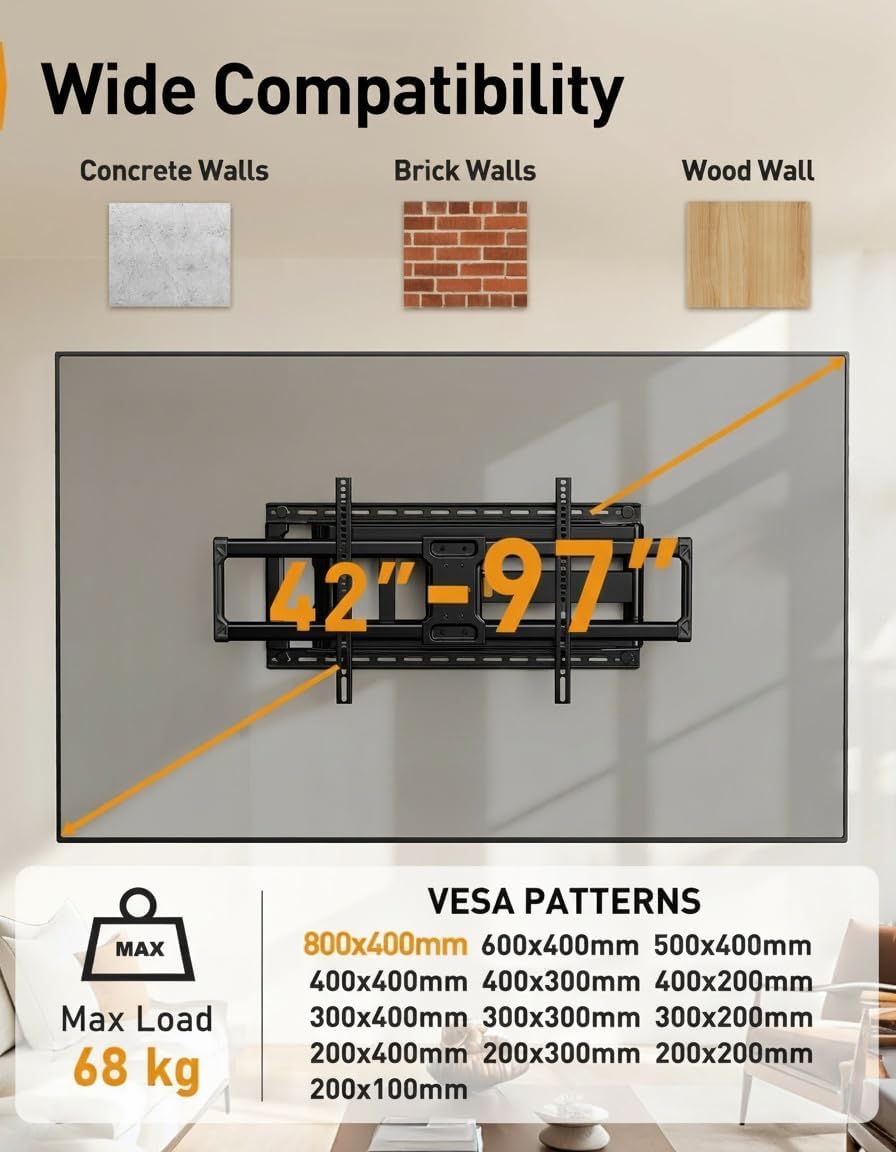 TV Wall Bracket 42-97 Inch 1018mm Long Arm 68kg Full Motion VESA 800x400 Perlegear