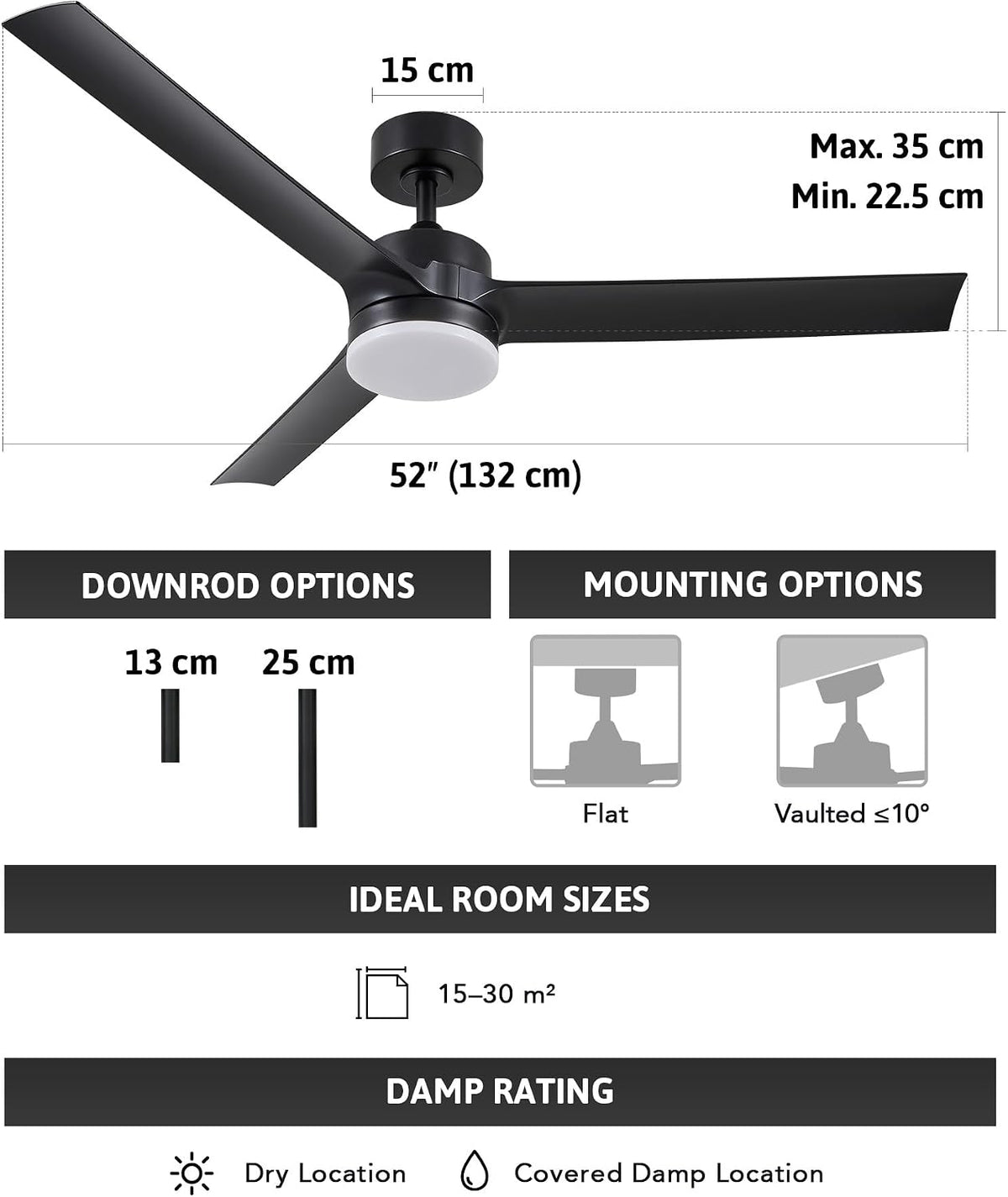 Ceiling Fan with Light 52 Inch 6 Speed Reversible Quiet DC Motor VONLUCE Black