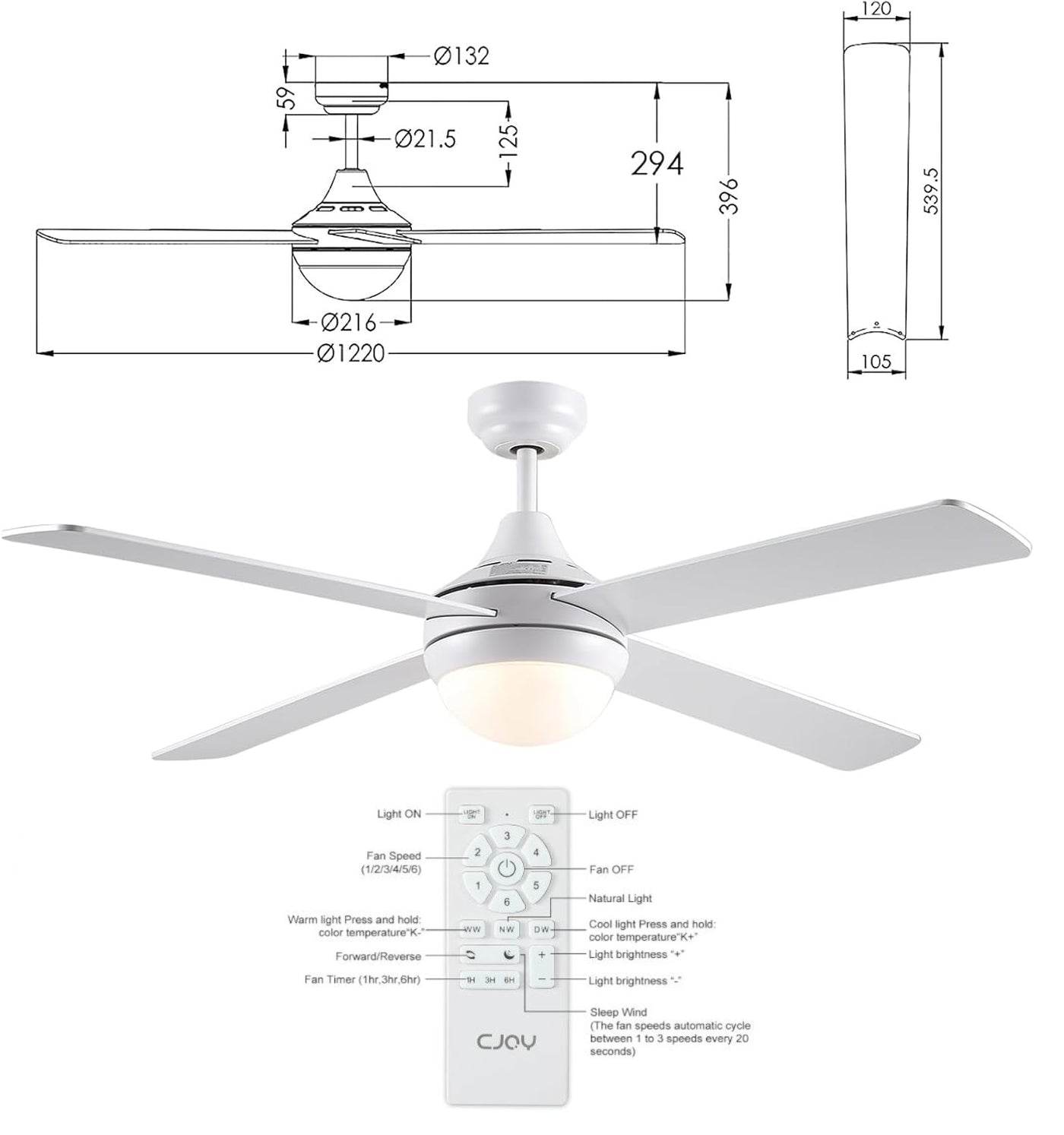 Ceiling Fan With Lights 48 Inch Remote Reversible Dimmable CJOY