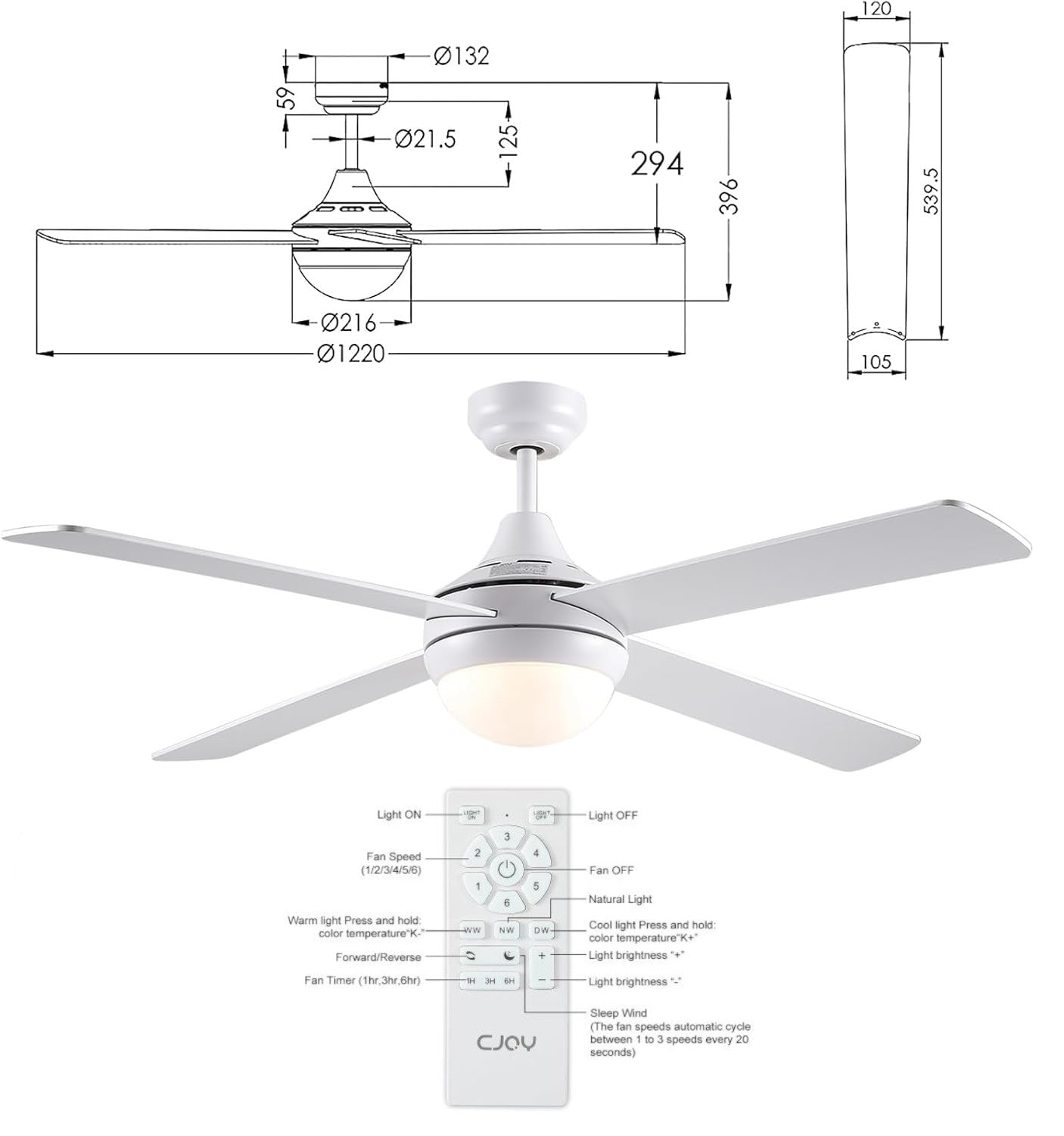 Ceiling Fan With Lights 48 Inch Remote Reversible Dimmable CJOY
