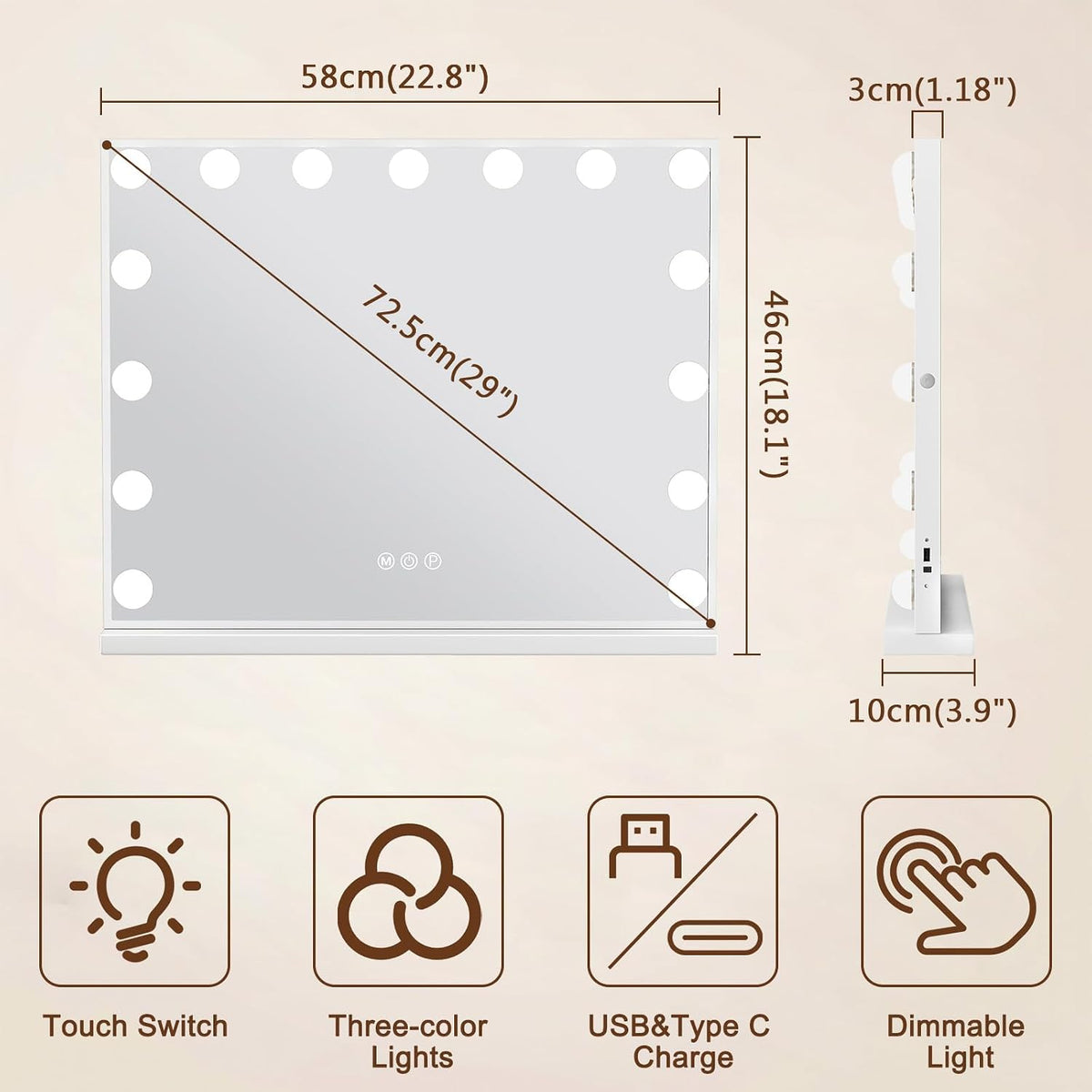 Hollywood Vanity Mirror 58x46cm 15 LED Lights Type-C Makeup FENCHILIN White