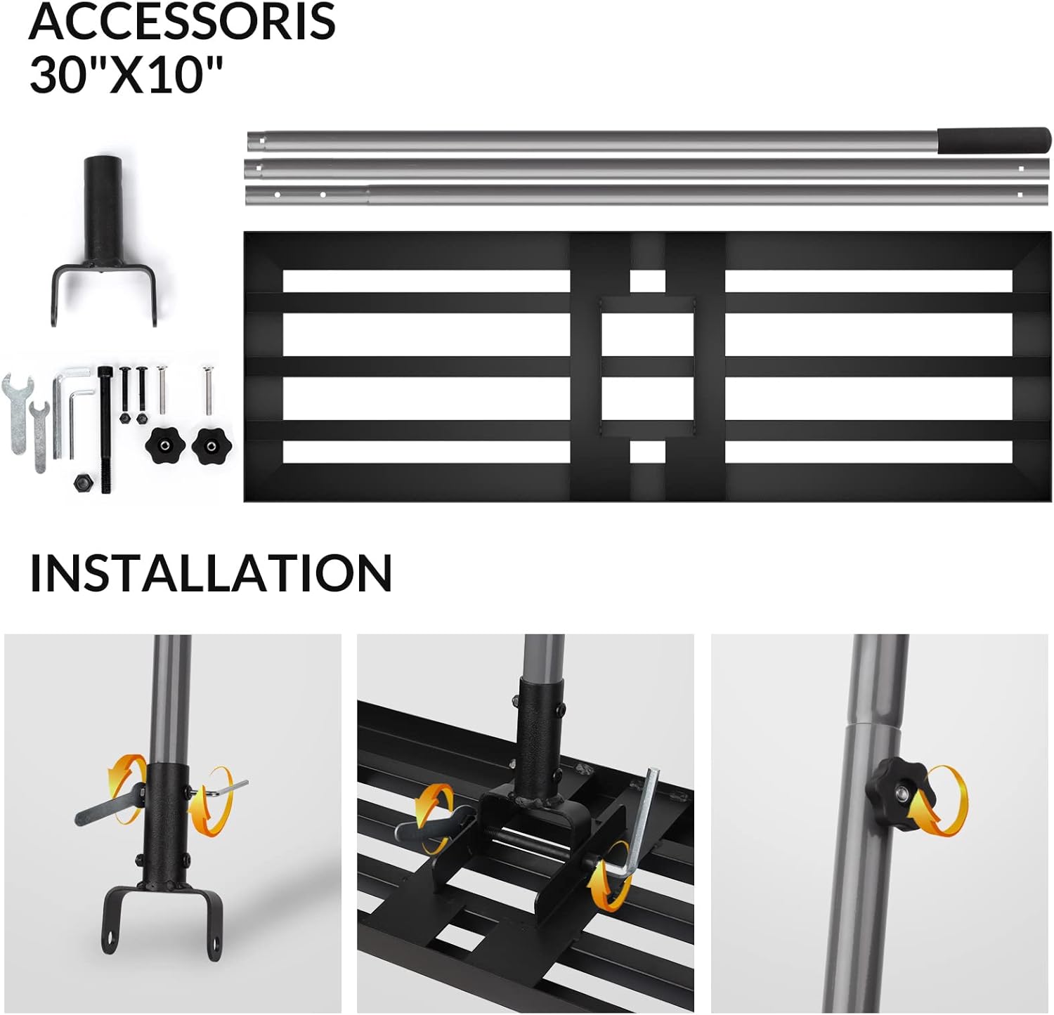 Metal accessory set with installation instructions on a white background
