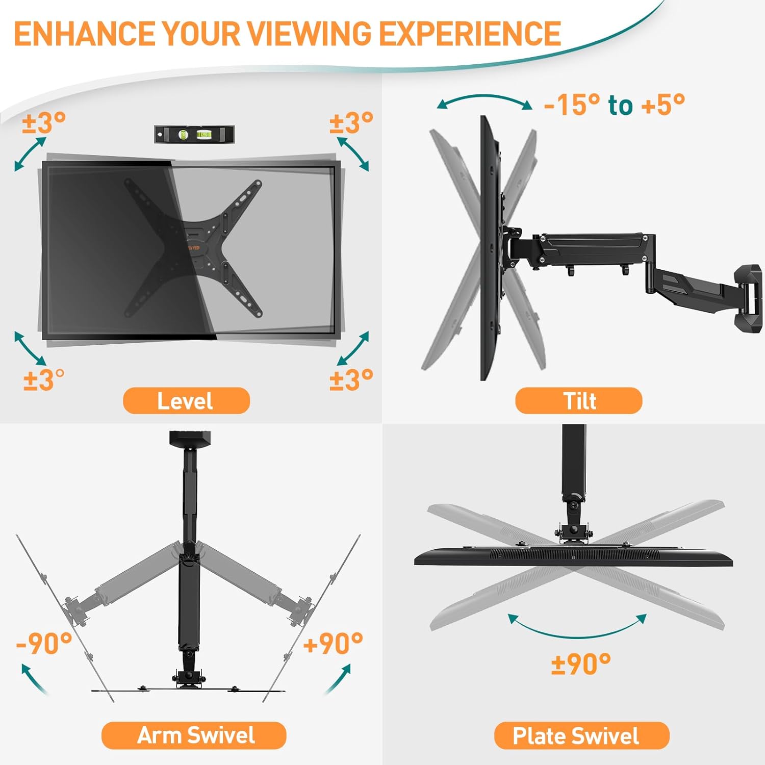 TV Wall Bracket 23-55 Inch Full Motion Gas Spring Mount ELIVED