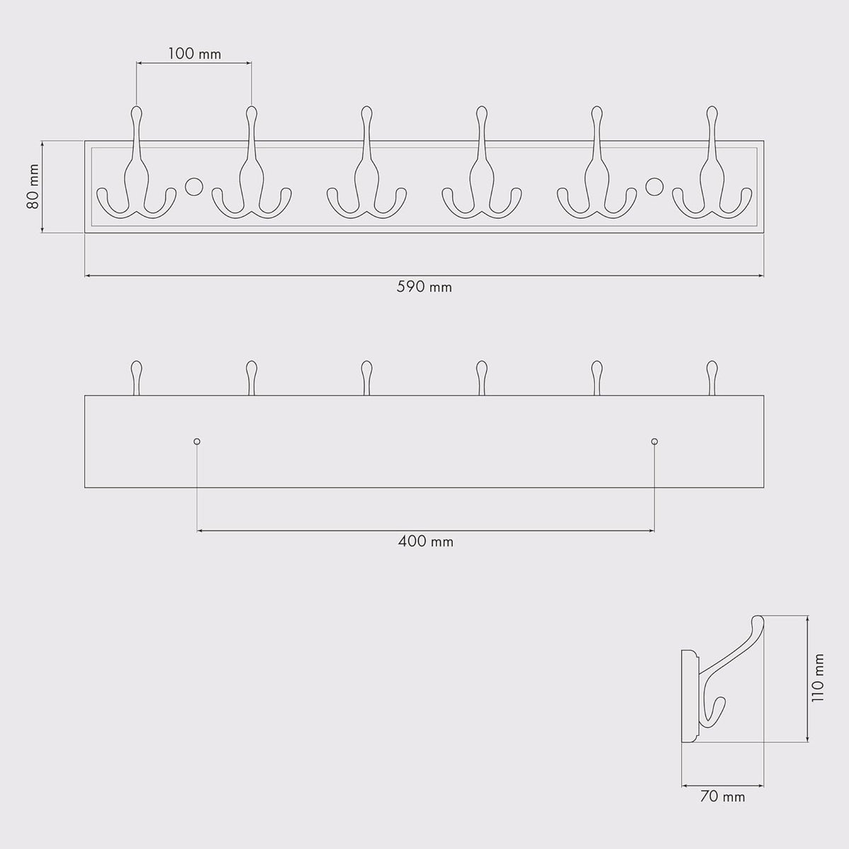 Wall Mounted Coat Rack 59cm Wooden 6 Matt Nickel Hooks Hallway Storage LARHN