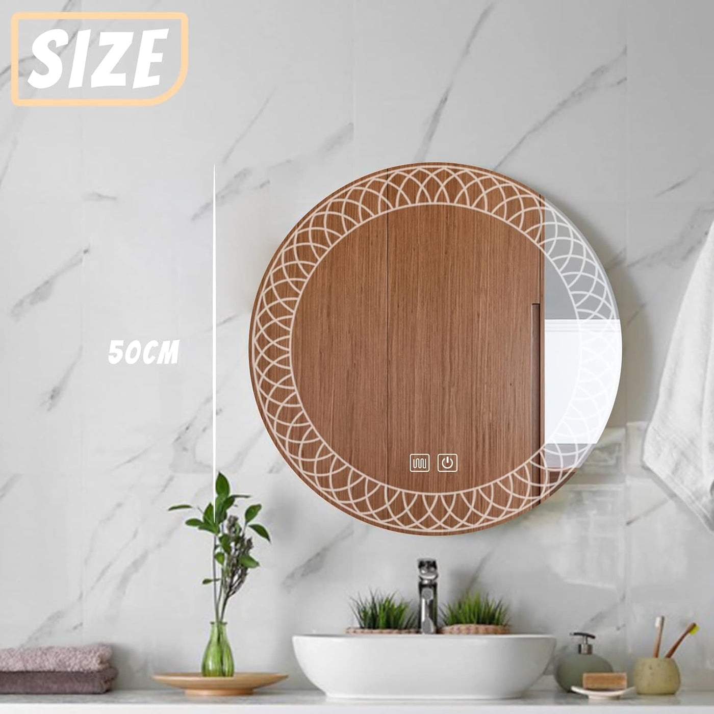 YOSHOOT 50cm Round LED Bathroom Mirror, Dimmable, Anti-Fog, Wall-Mounted, IP44